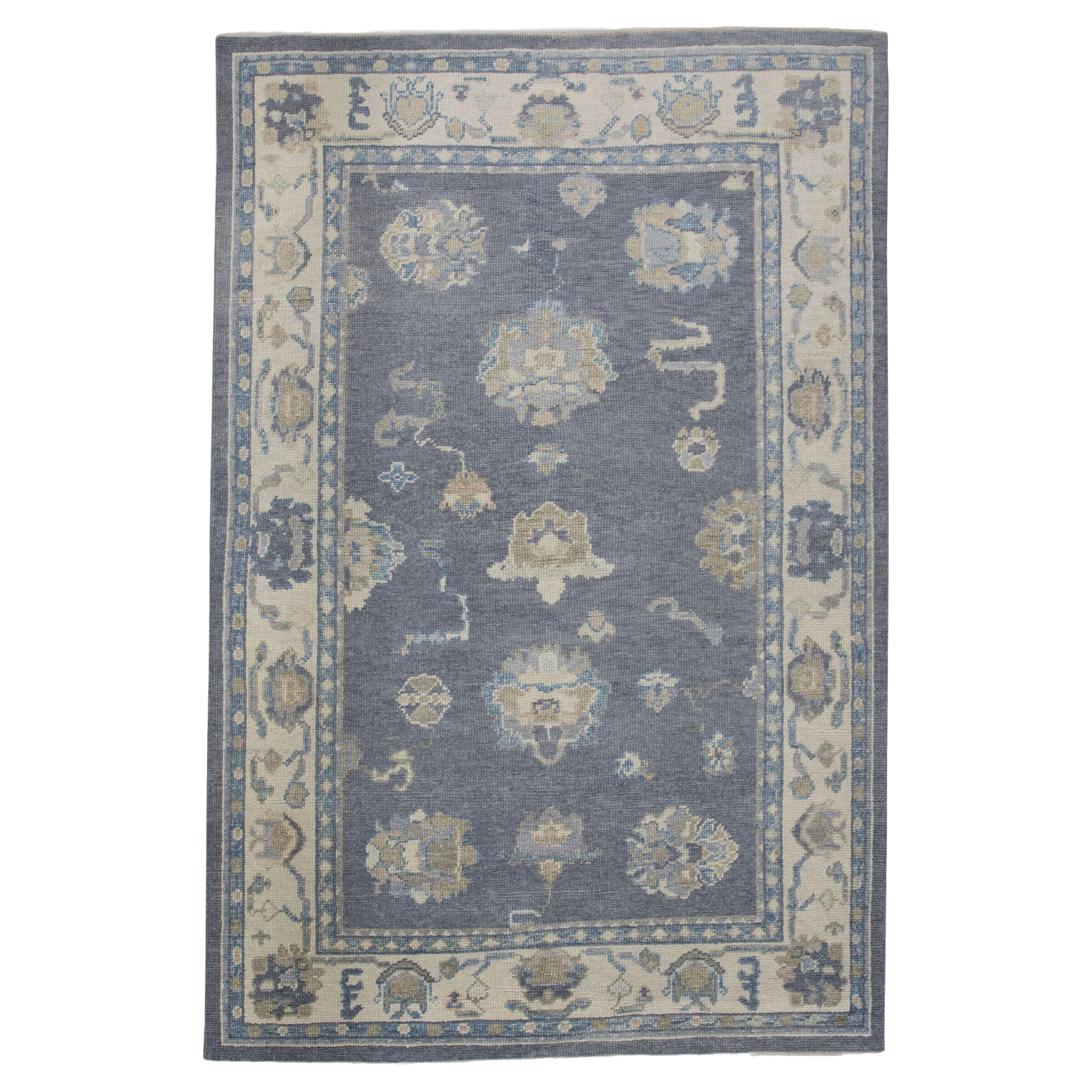 Turkish Oushak Rug Slate Blue & Ivory Handwoven Wool Rug 4'8" x 6'11" For Sale