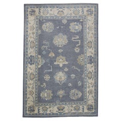 Turkish Oushak Rug Slate Blue & Ivory Handwoven Wool Rug 4'8" x 6'11"