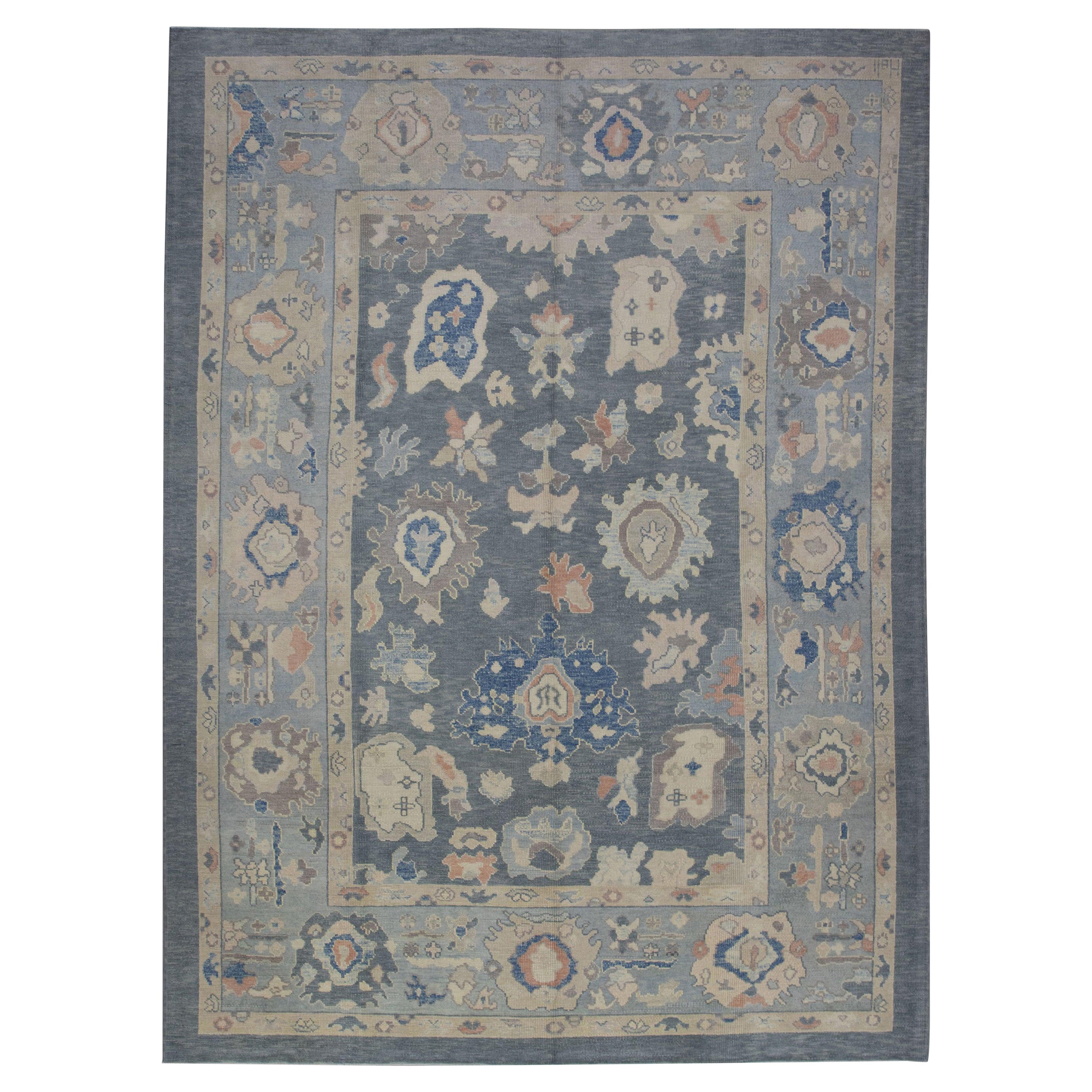Turkish Oushak Rug Slate Blue & Ivory Handwoven Wool Rug 9'5" x 12'6" For Sale