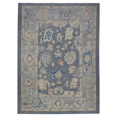 Türkischer Oushak Teppich Schiefer Blau & Elfenbein Handgewebter Wollteppich 9'5" x 12'6"