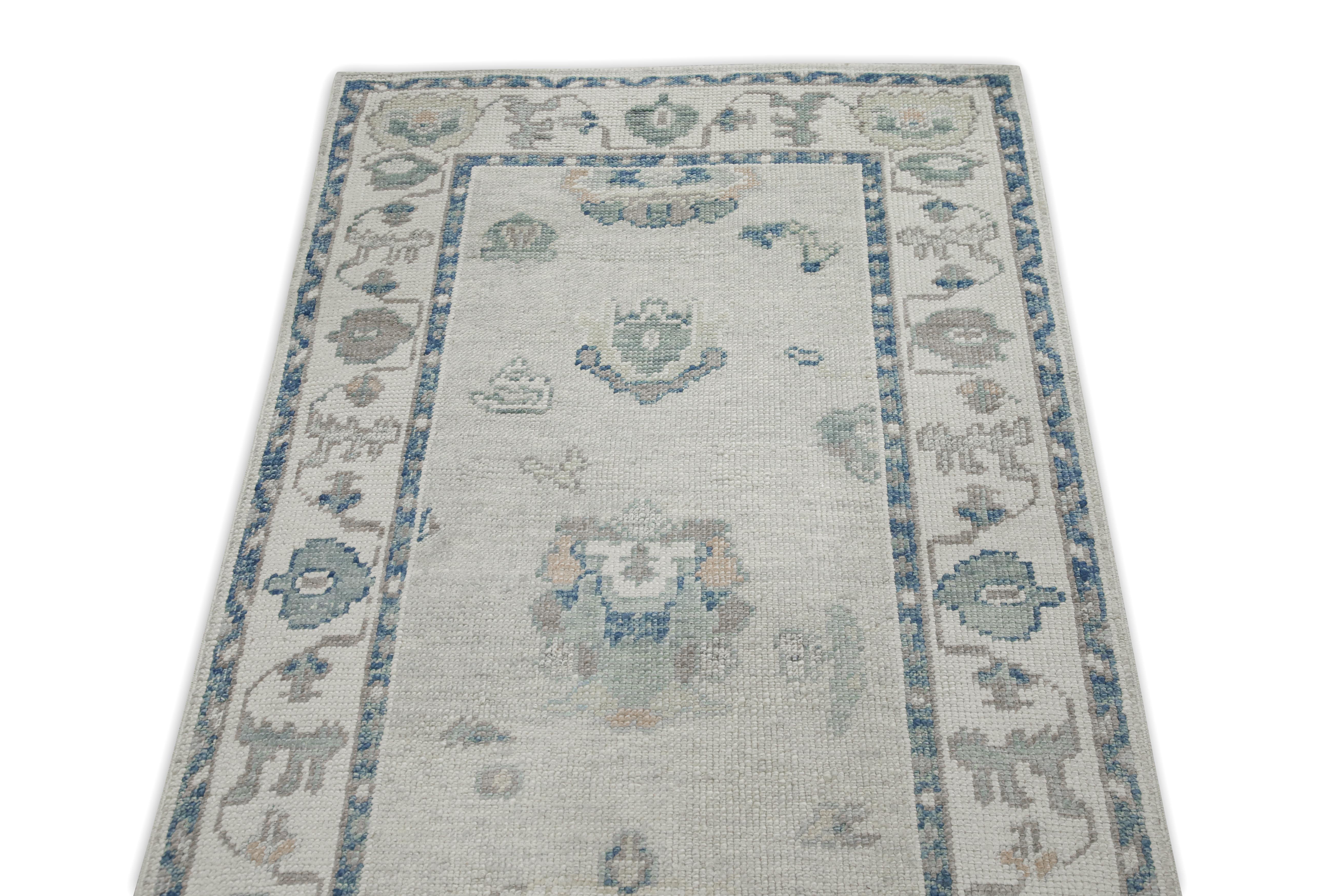 Teinture végétale Tapis turc Oushak Tapis en laine tissé à la main beige et bleu délavé 2'11
