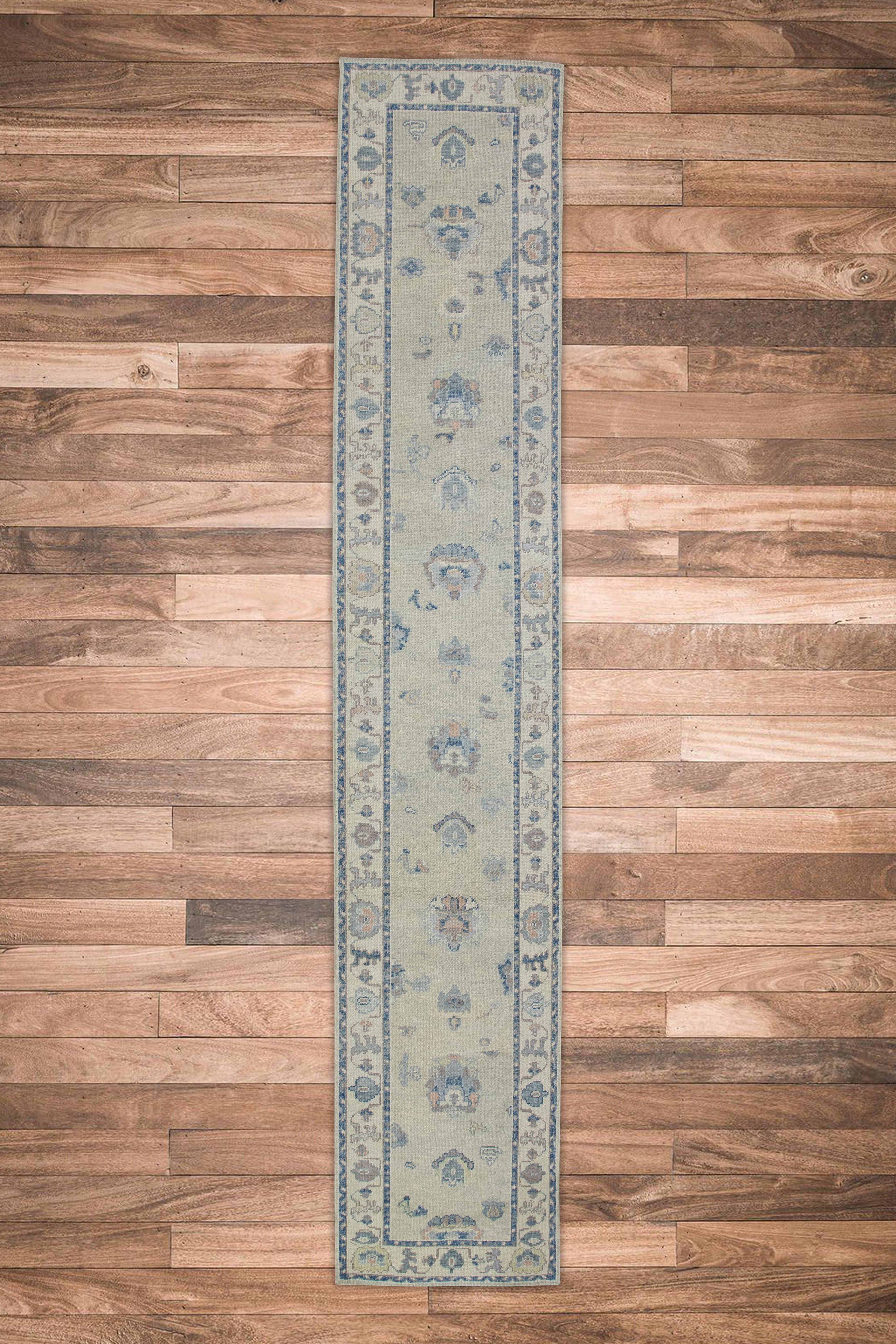 Laine Tapis turc Oushak Tapis en laine tissé à la main beige et bleu délavé 2'11