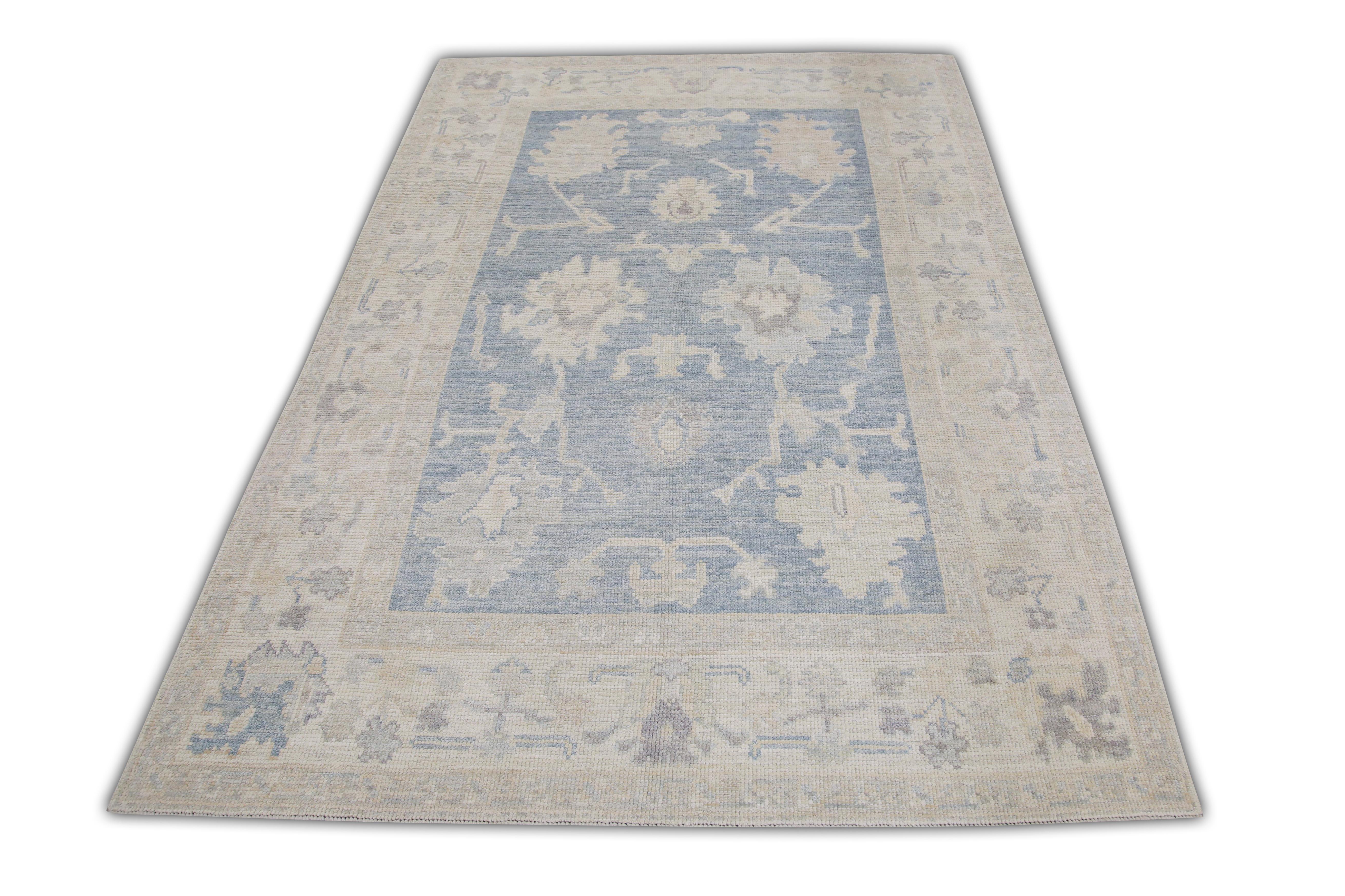 Tappeto turco Oushak Soft Blue Ivory Tessuto a mano in lana 5' x 7'4