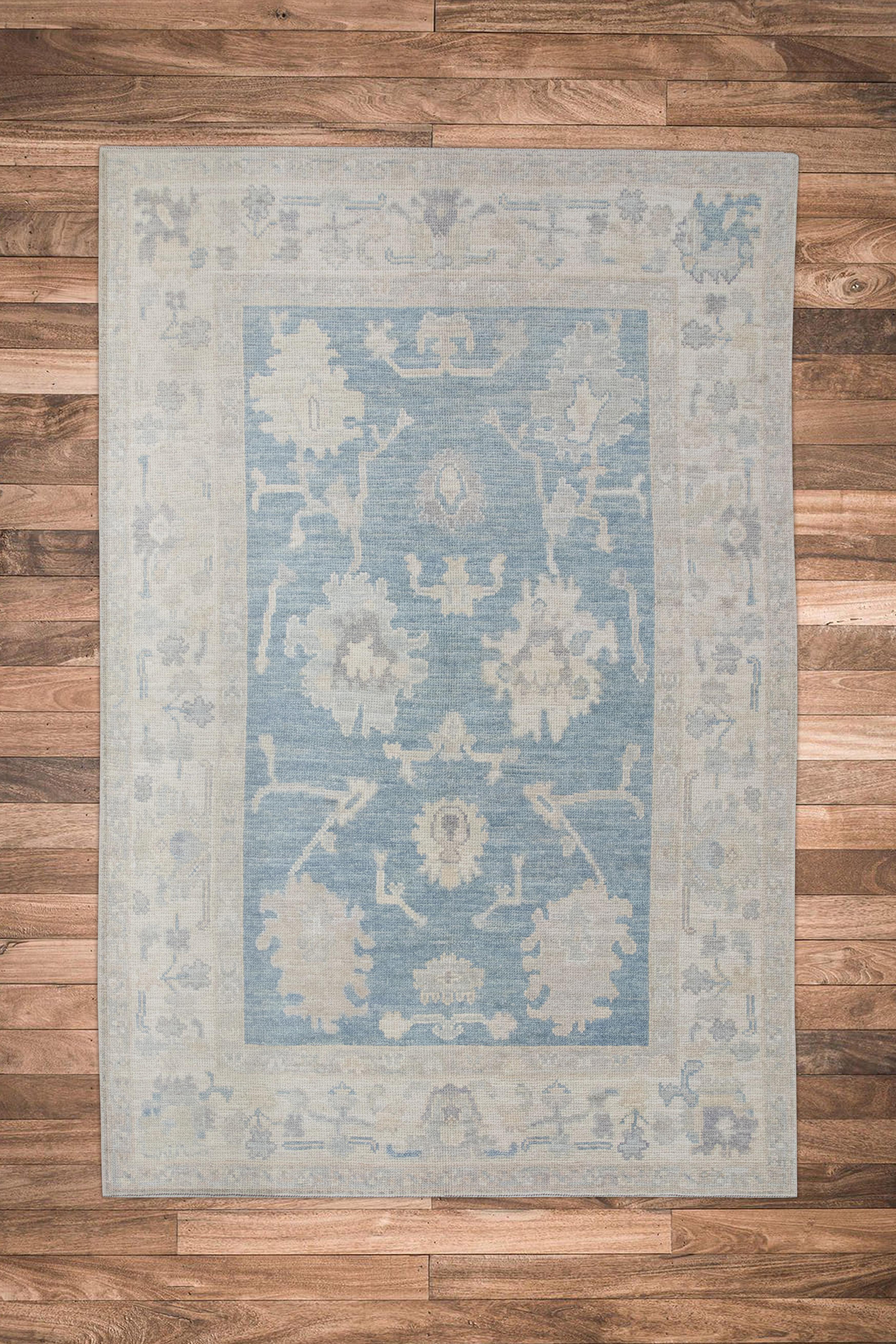 Tappeto turco Oushak Soft Blue Ivory Tessuto a mano in lana 5' x 7'4