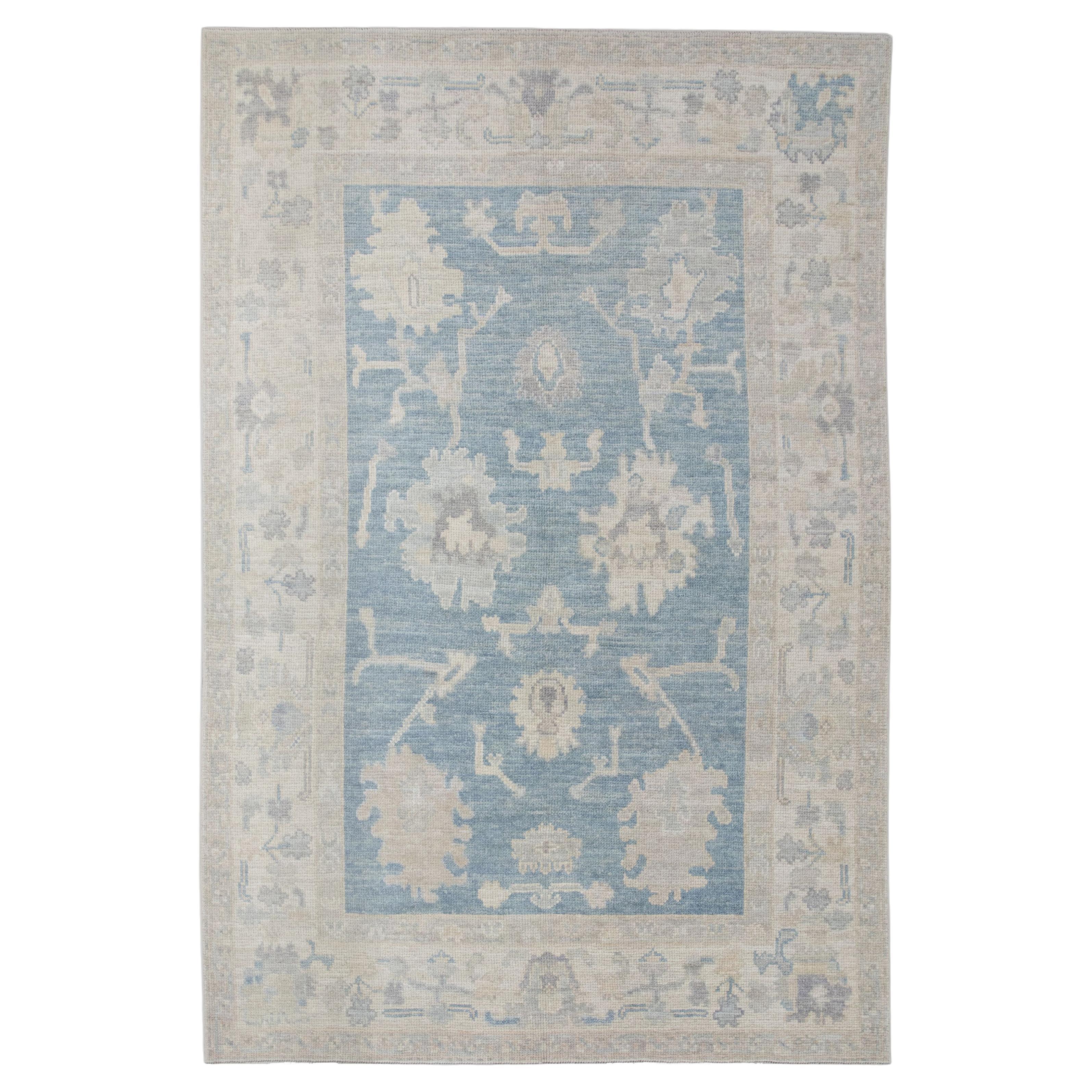 Turkish Oushak Rug Soft Blue Ivory Handwoven Wool Rug 5' x 7'4"