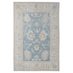 Turkish Oushak Rug Soft Blue Ivory Handwoven Wool Rug 5' x 7'4"