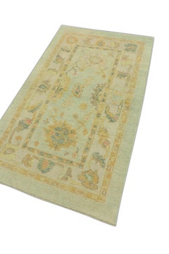 Turkish Oushak Rug Soft Blue & Pink Handwoven Wool Rug 2'11" x 4'9"