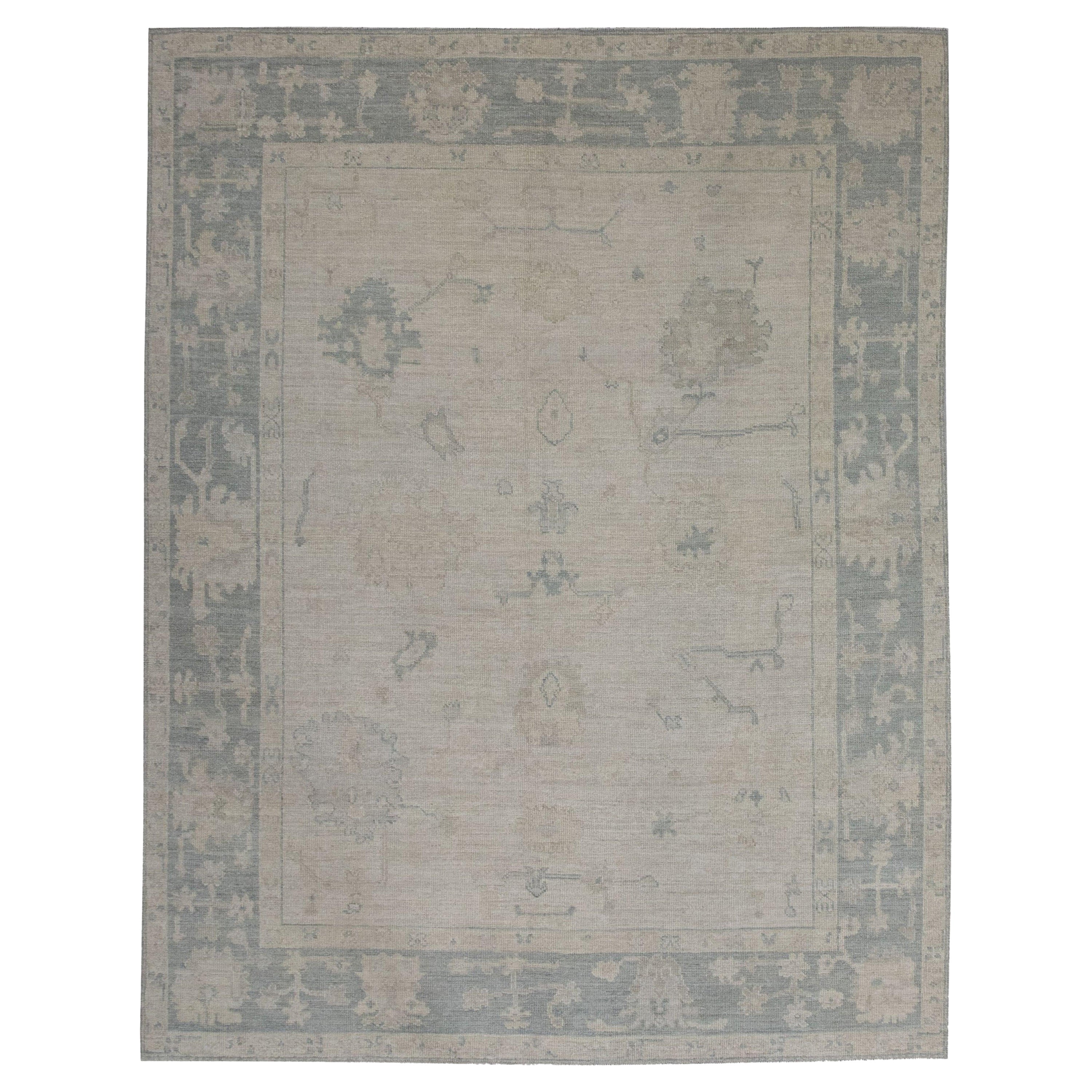 Turkish Oushak Rug Soft Gray & Faded Blue Handwoven Wool Rug 7'9" x 9'9"