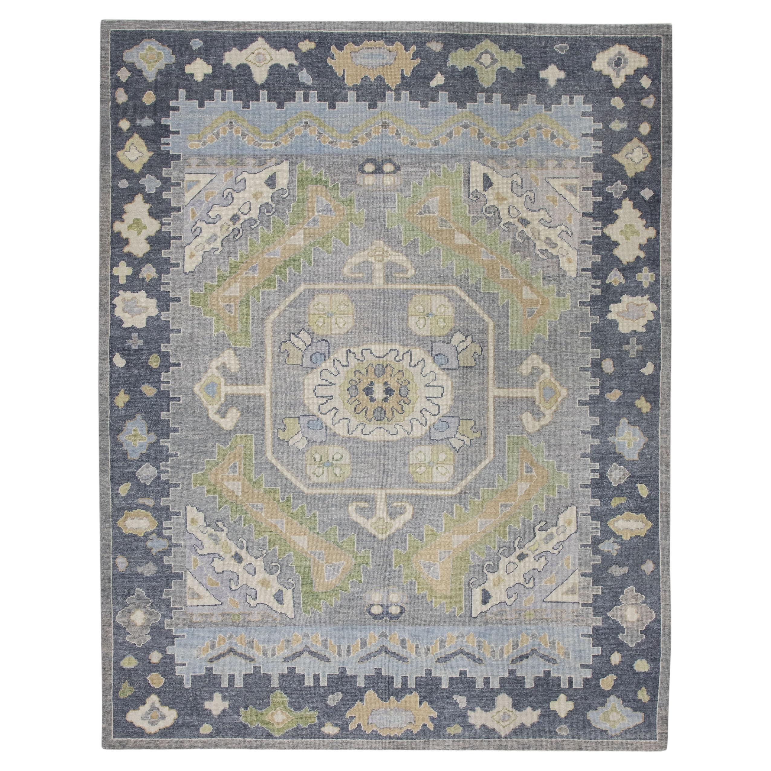 Turkish Oushak Rug Soft Gray, Ivory, Blue Handwoven Wool Rug 8'1" x 10'3"