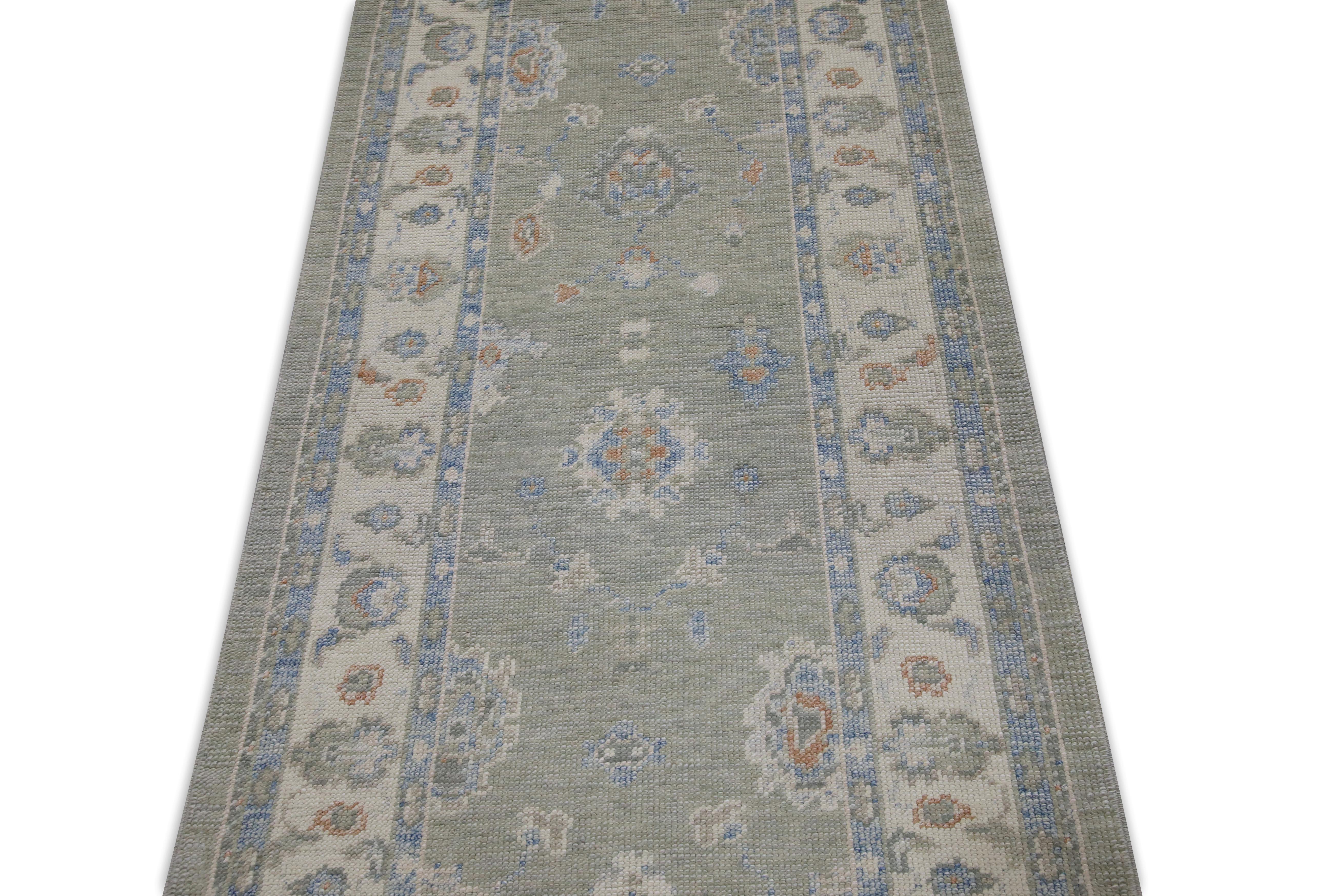 Tapis turc Oushak Tapis de laine tissé à la main vert tendre et bleu clair 3' x 15'1