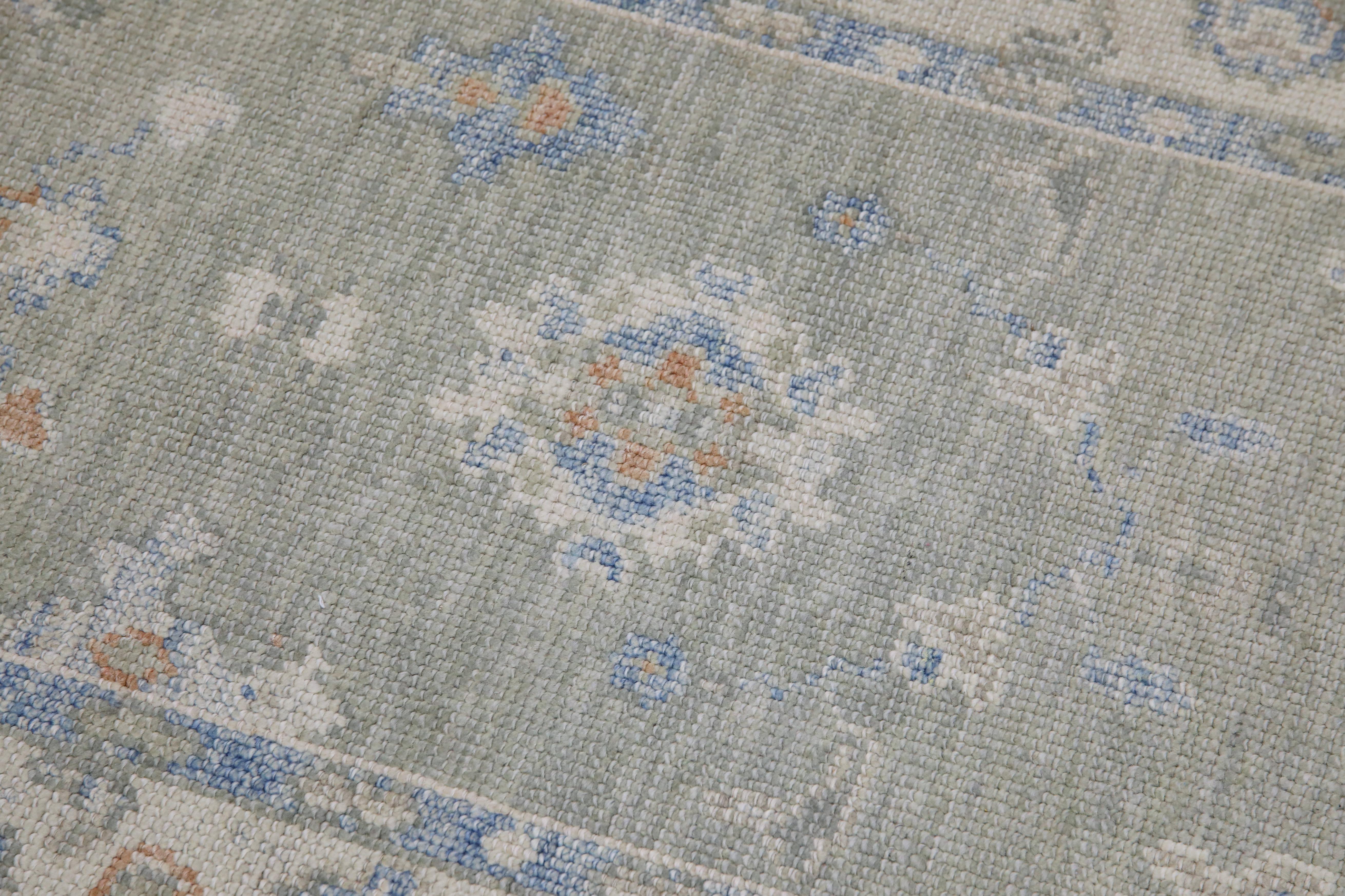 Tapis turc Oushak Tapis de laine tissé à la main vert tendre et bleu clair 3' x 15'1
