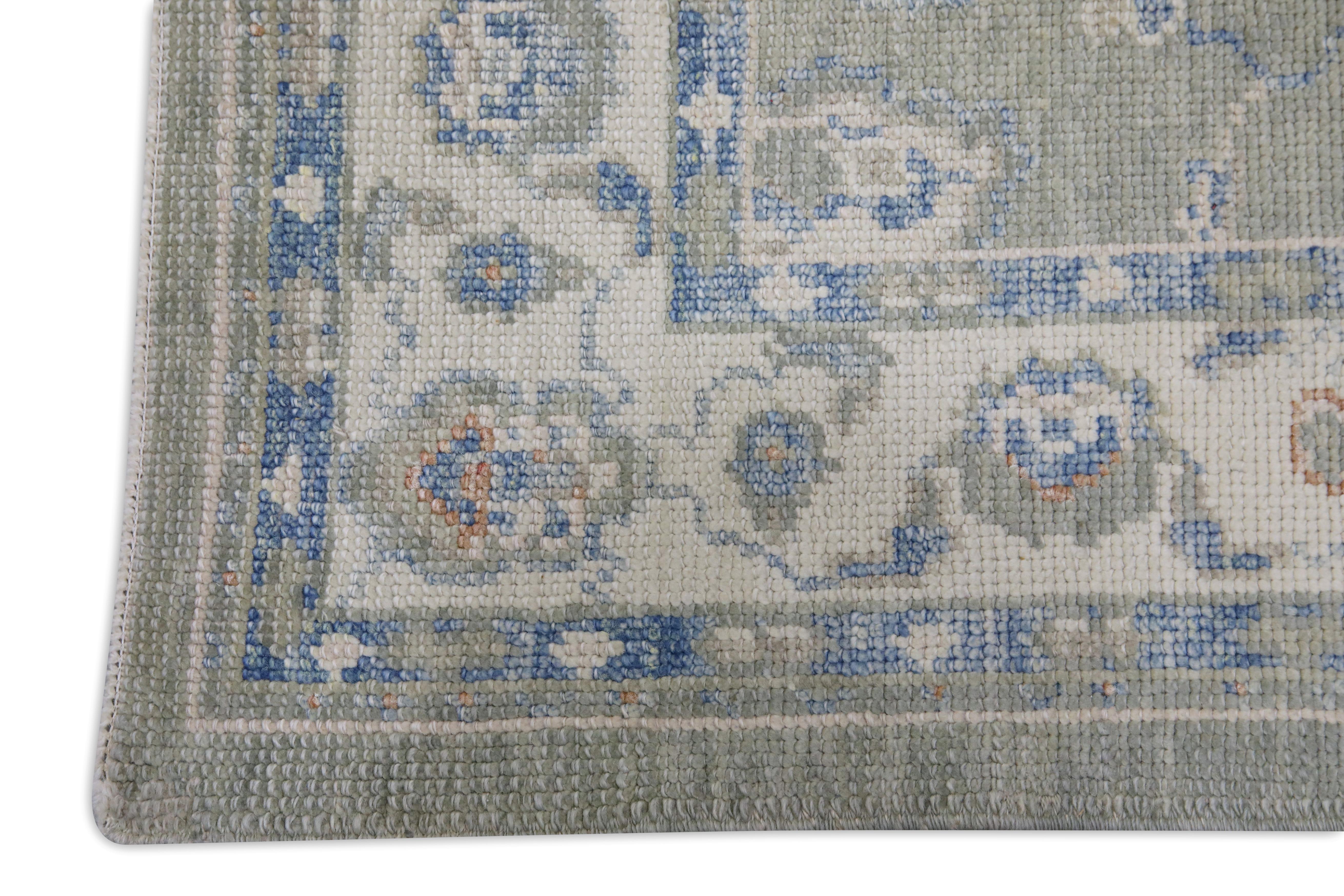 Tapis turc Oushak Tapis de laine tissé à la main vert tendre et bleu clair 3' x 15'1