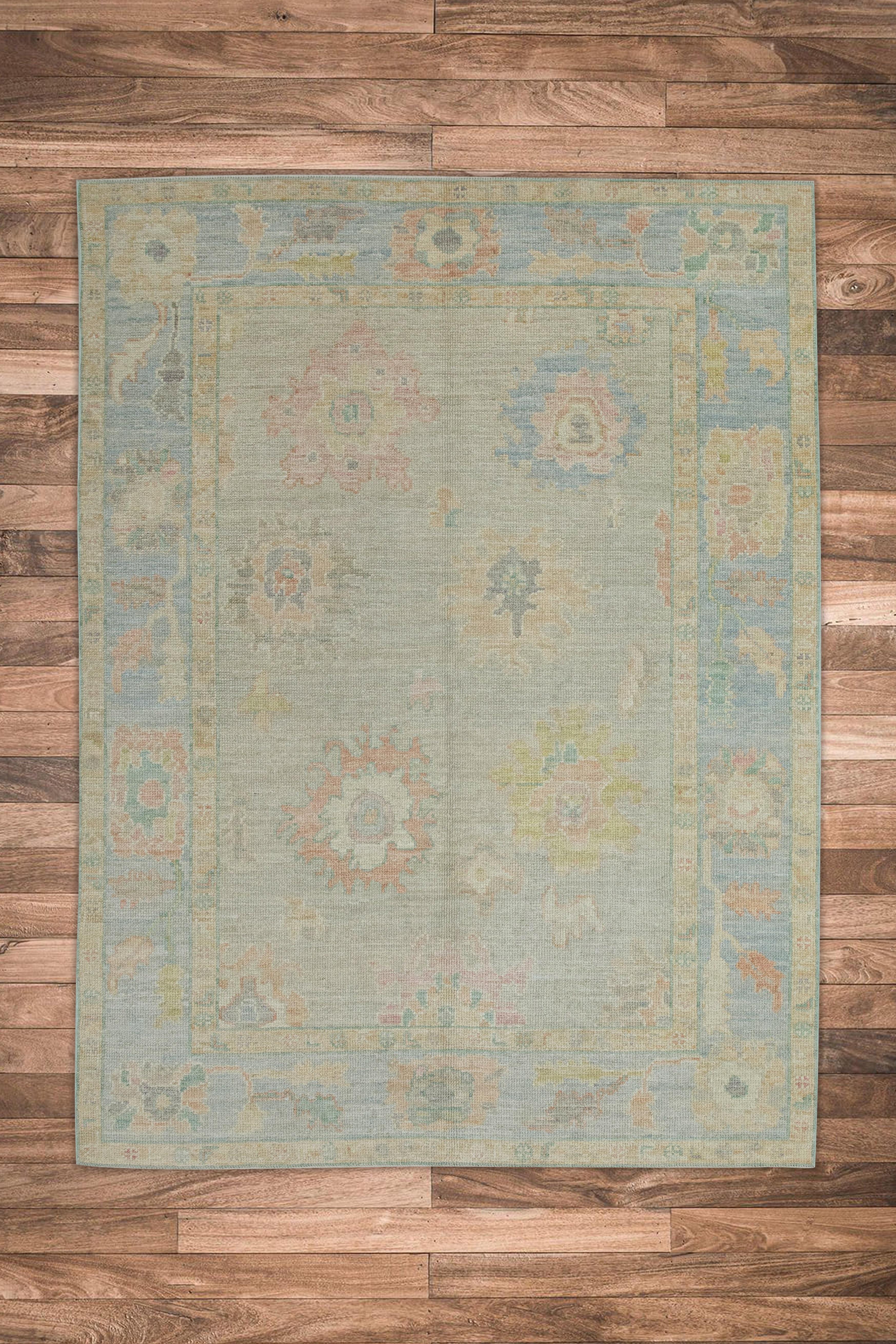 Türkischer Oushak Teppich Weiches Pastell Floral Handgewebte Wolle 5'1