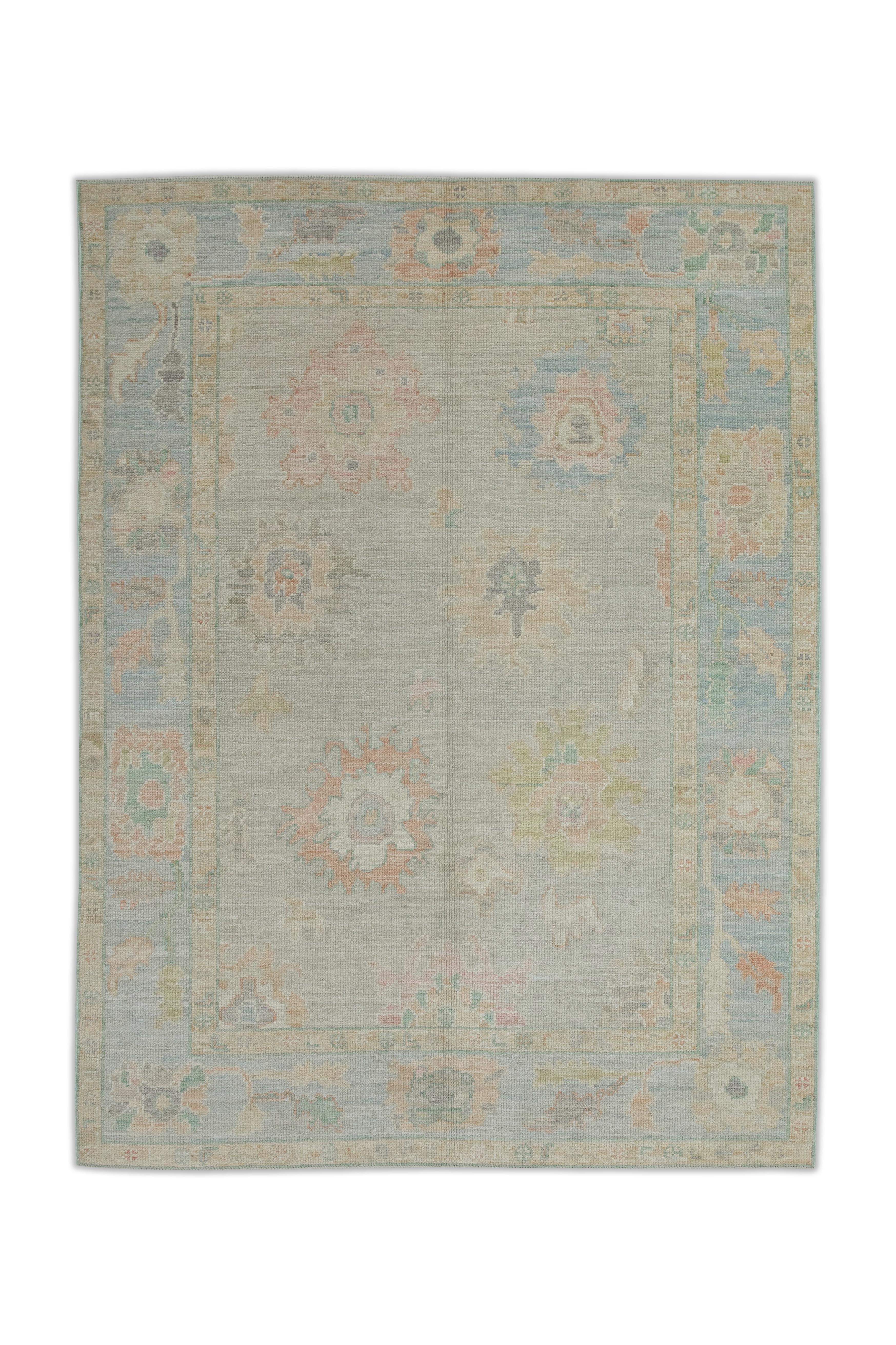 Türkischer Oushak Teppich Weiches Pastell Floral Handgewebte Wolle 5'1