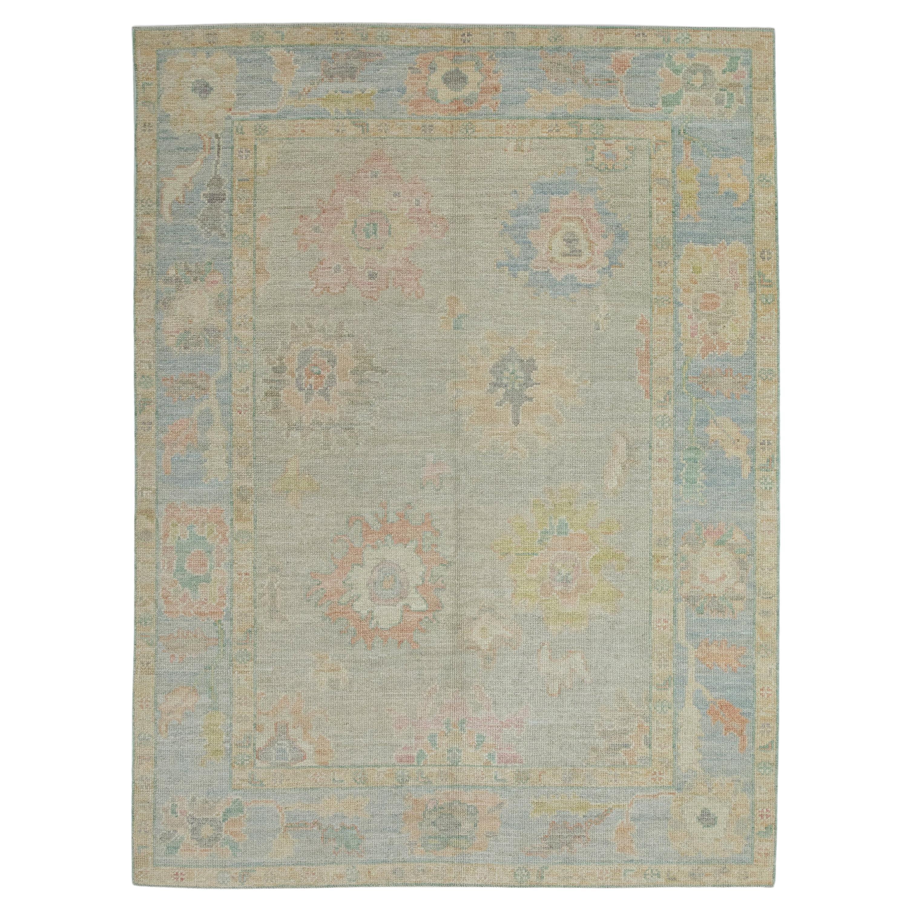 Turkish Oushak Rug Soft Pastel Floral Handwoven Wool 5'1" x 6'11"