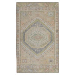 Turkish Oushak Rug Soft Peach Green Accents Handwoven Wool Rug 2'11" x 4'9"