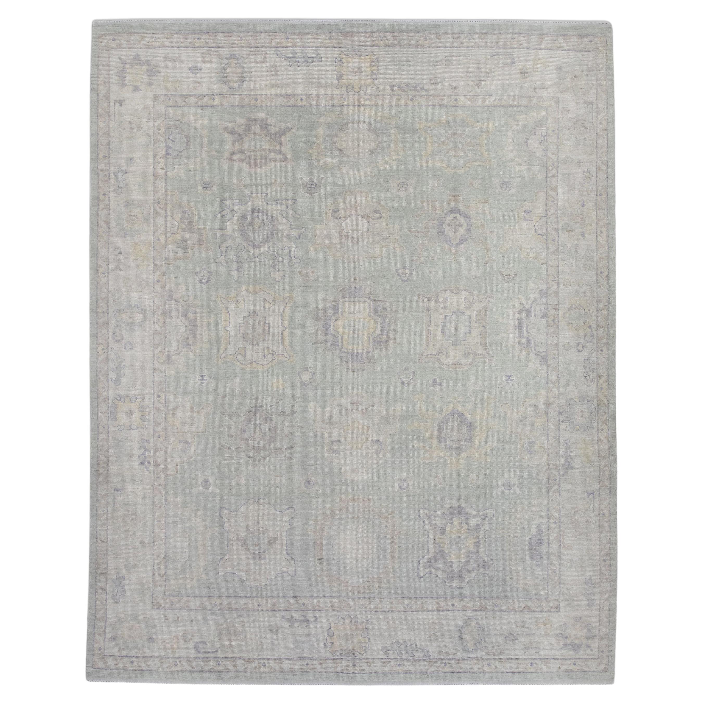 Turkish Oushak Rug Soft Sage Ivory Handwoven Wool Rug 8
2" x 11
 For Sale