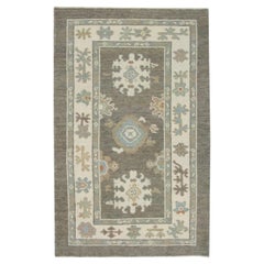 Tappeto Oushak turco Taupe Avorio e Blu Tessuto a mano in lana 3' x 5'4"