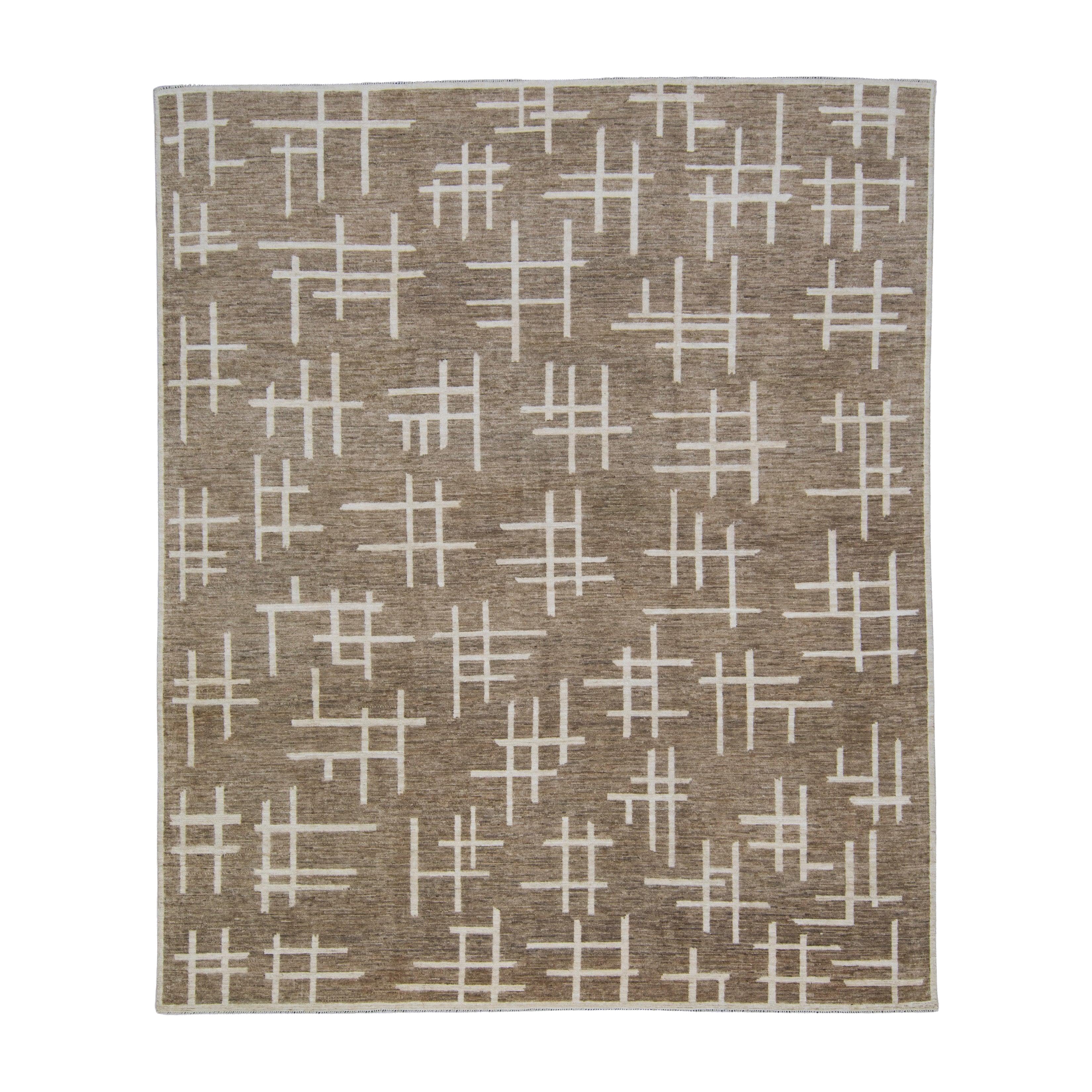 Turkish Oushak Rug Taupe Ivory Linear Design Handwoven Wool Rug 8
2" x 9
11" For Sale