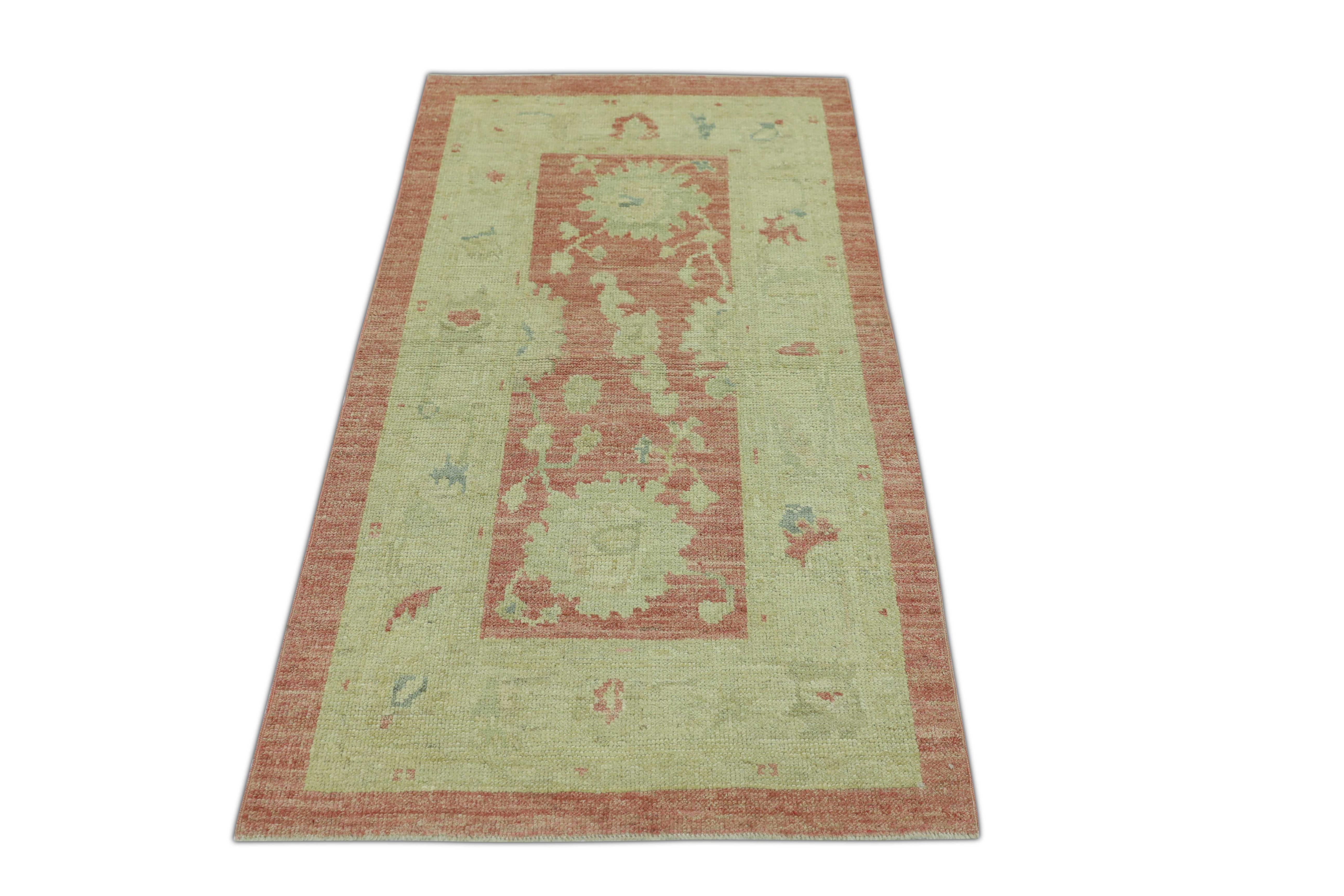 Türkischer Oushak Teppich Terrakotta Sage Grün Handgewebter Wollteppich 2'10