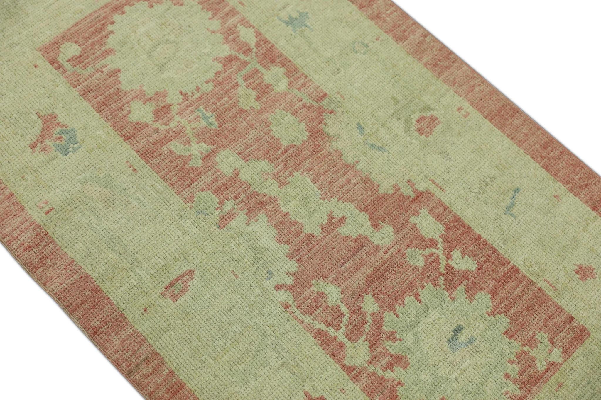 Türkischer Oushak Teppich Terrakotta Sage Grün Handgewebter Wollteppich 2'10