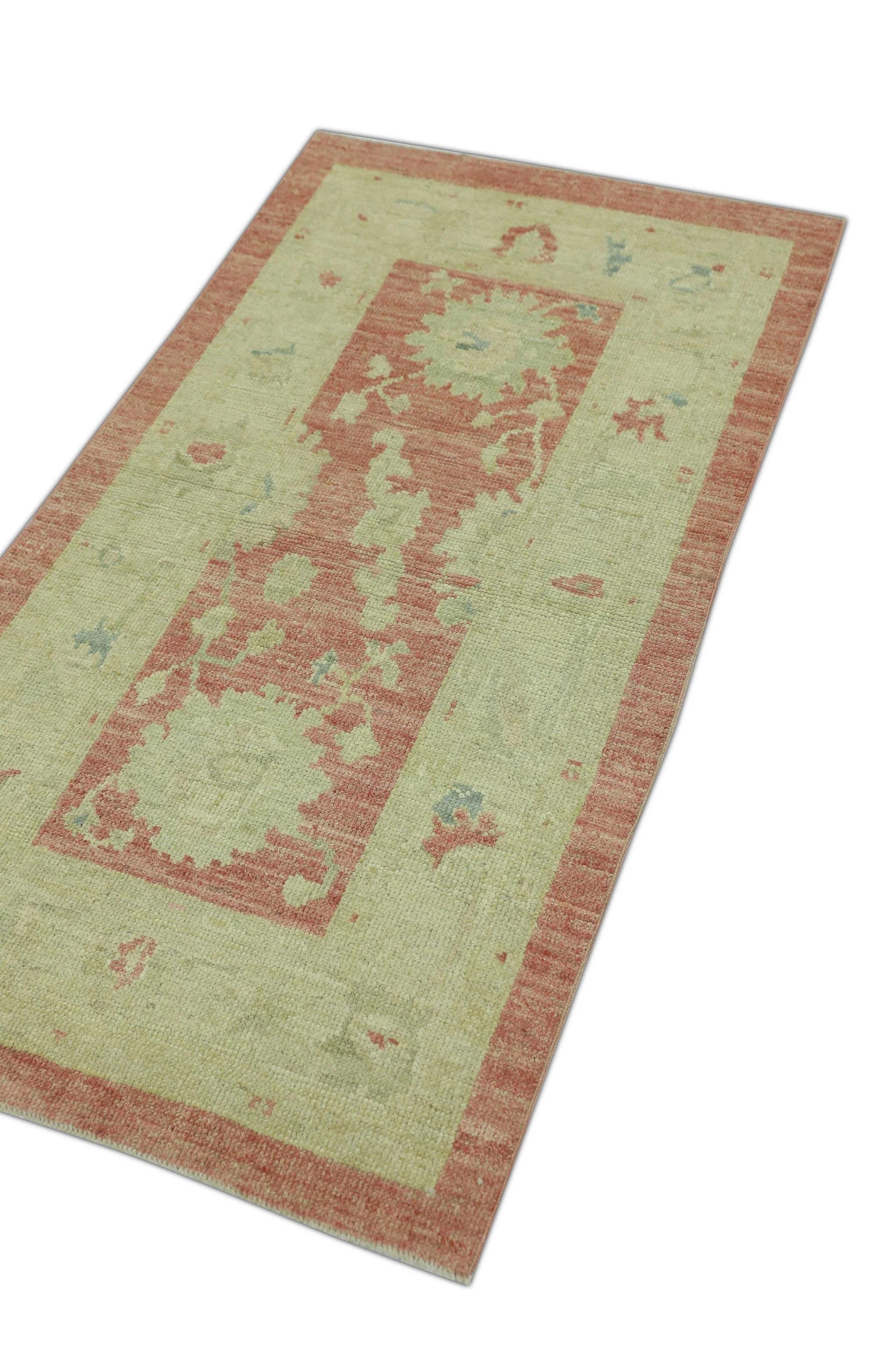 Türkischer Oushak Teppich Terrakotta Sage Grün Handgewebter Wollteppich 2'10