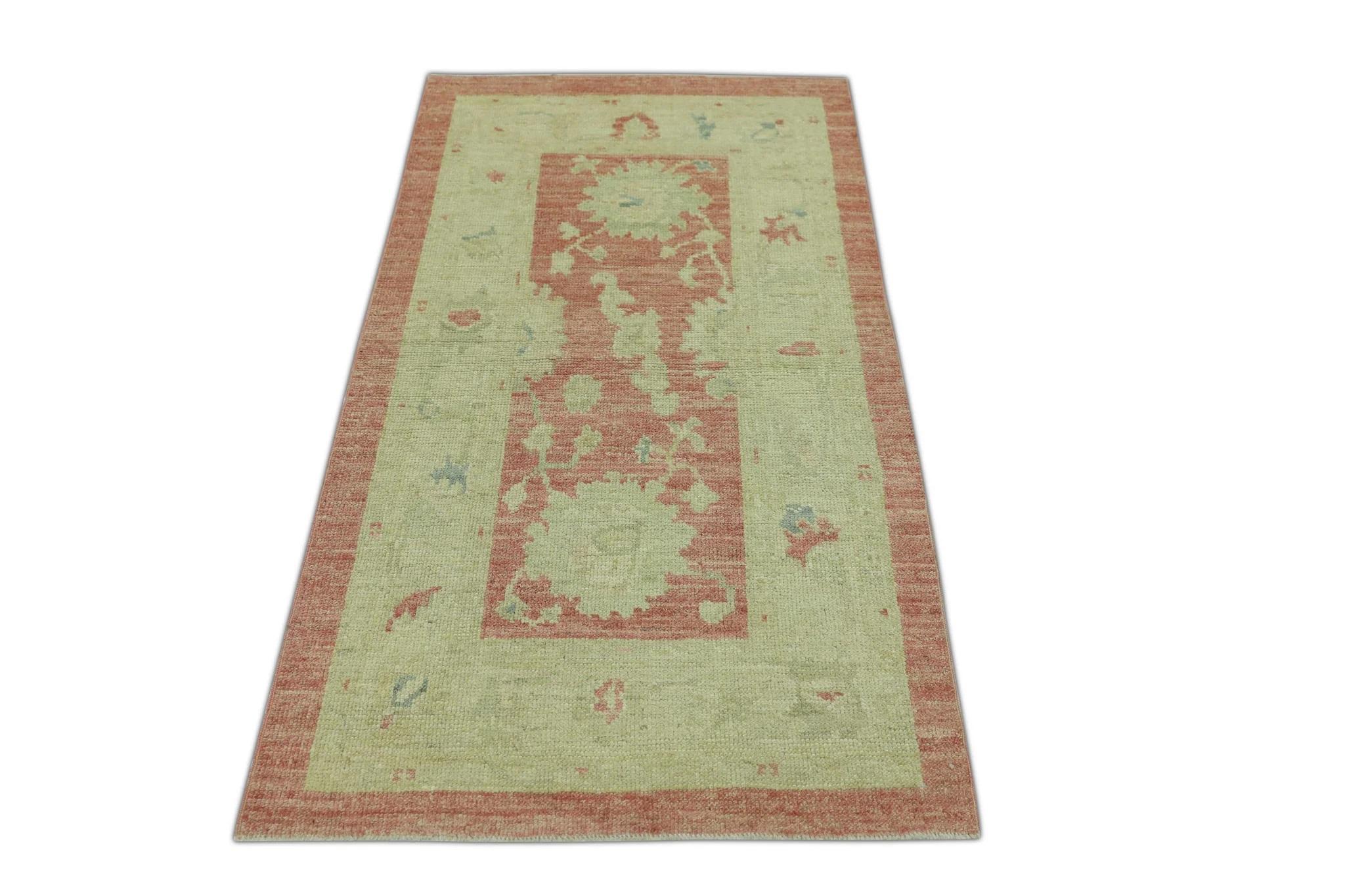 Türkischer Oushak Teppich Terrakotta Sage Grün Handgewebter Wollteppich 2'10