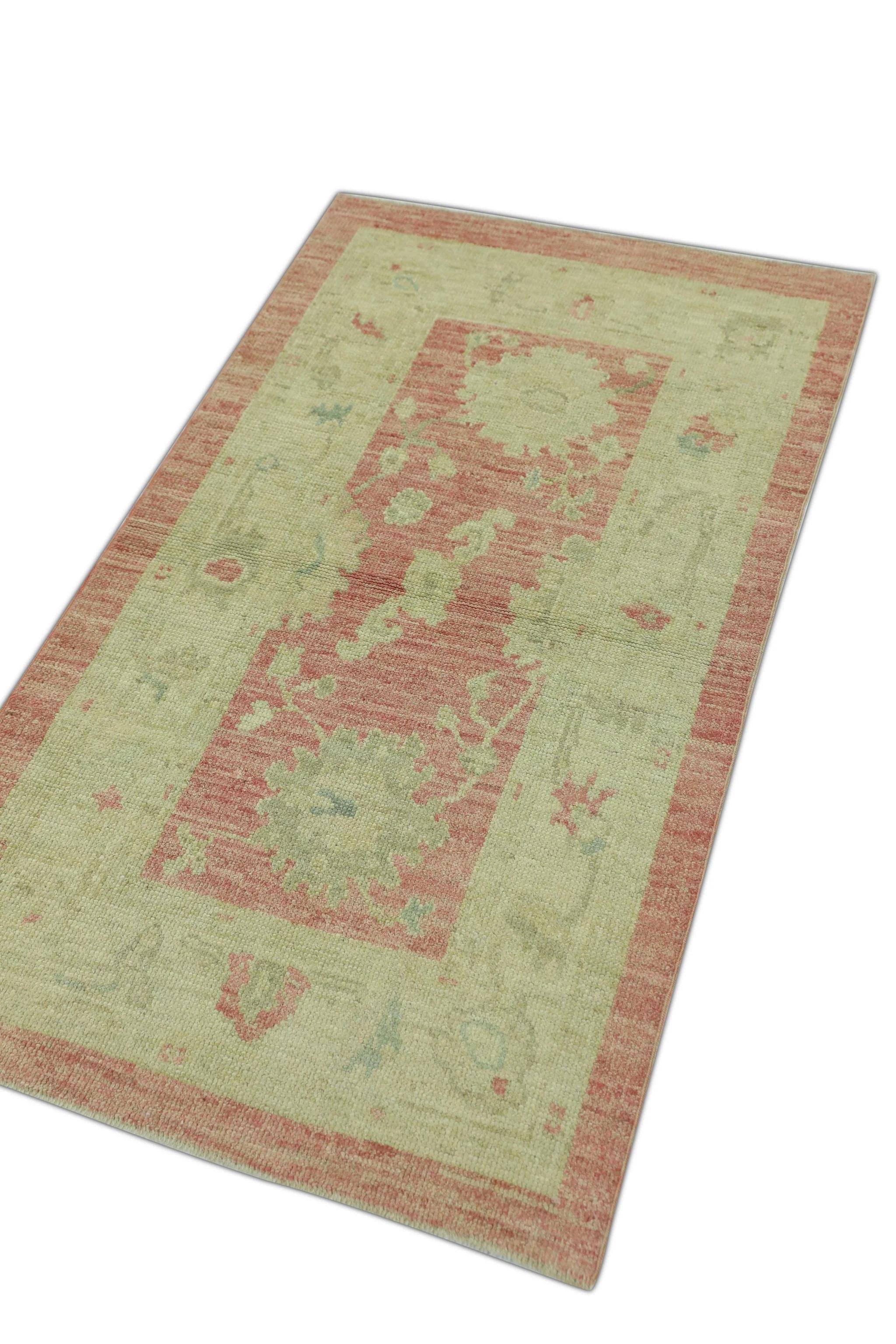 Turkish Oushak Rug Vintage Red & Beige Handwoven Wool Rug 2'10