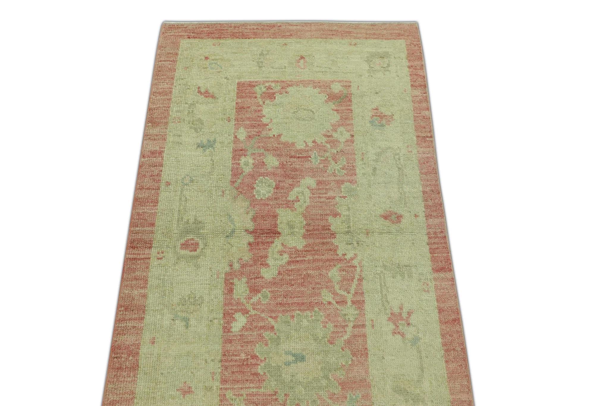 Modern Turkish Oushak Rug Vintage Red & Beige Handwoven Wool Rug 2'10