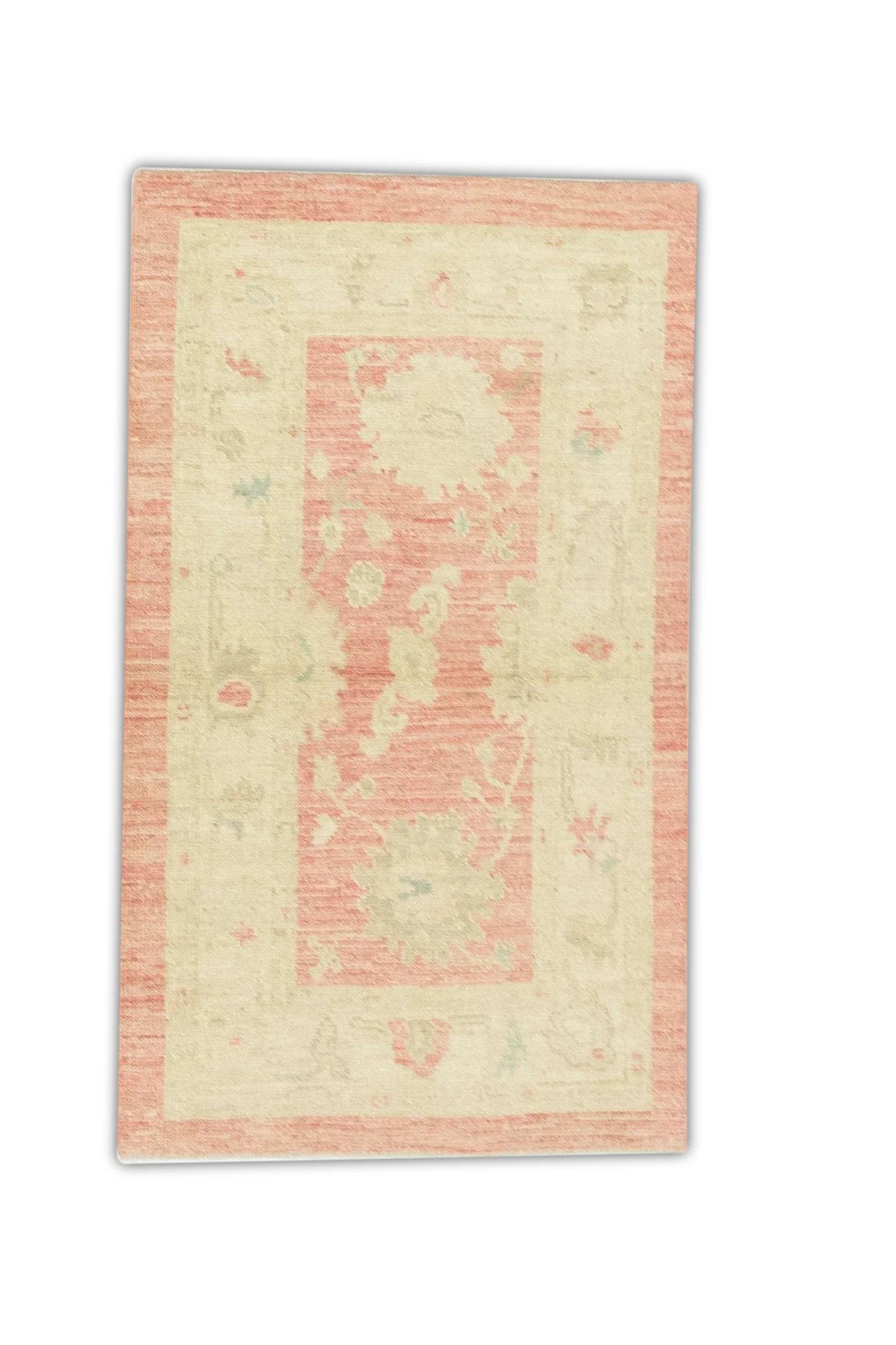 Contemporary Turkish Oushak Rug Vintage Red & Beige Handwoven Wool Rug 2'10