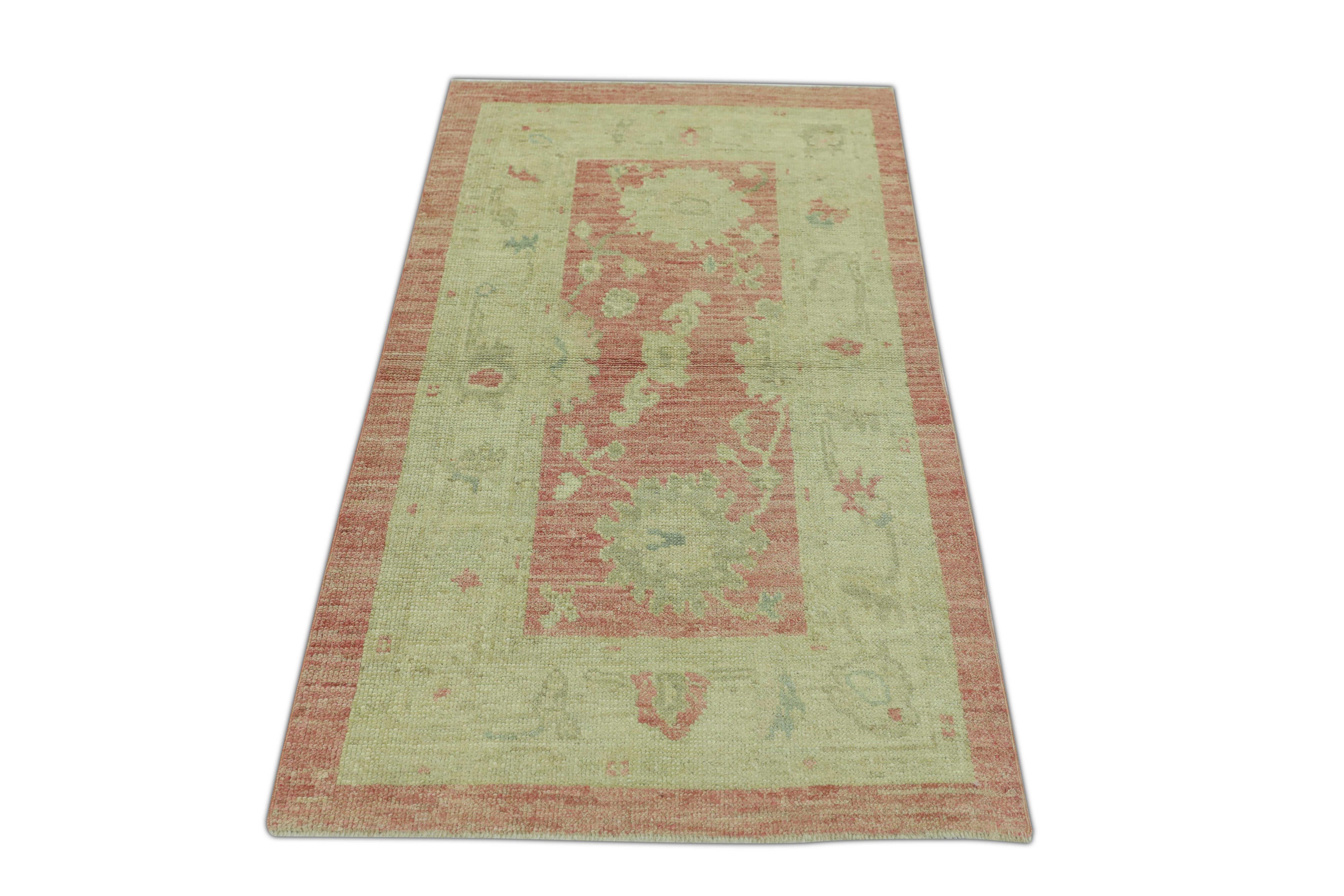 Turkish Oushak Rug Vintage Red & Beige Handwoven Wool Rug 2'10