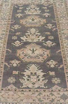 Turkish Oushak Rug Vintage with Three Floral Medallion Design In Blue and Cream