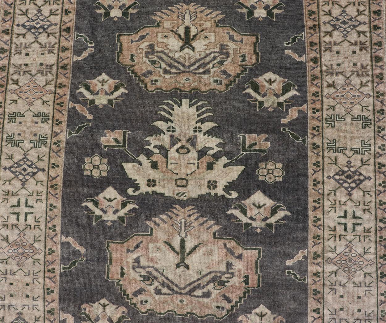 Turkish Oushak Rug Vintage with Three Floral Medallion Design In Blue and Cream In Good Condition For Sale In Atlanta, GA