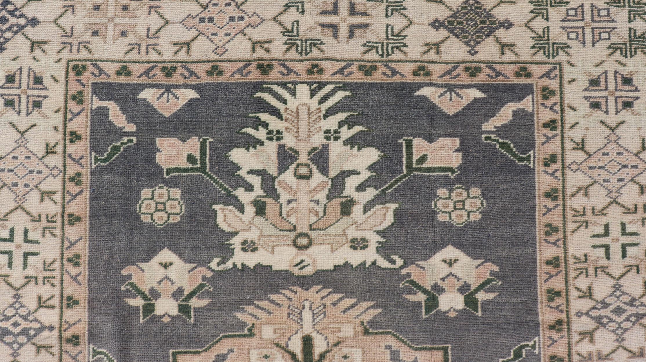 20th Century Turkish Oushak Rug Vintage with Three Floral Medallion Design In Blue and Cream For Sale