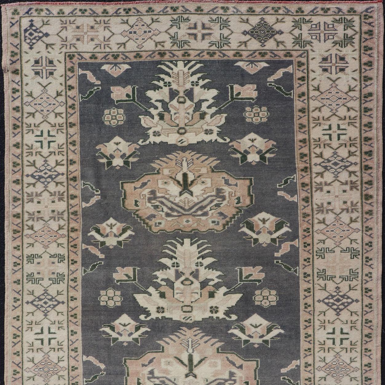Turkish Oushak Rug Vintage with Three Floral Medallion Design In Blue and Cream For Sale 2