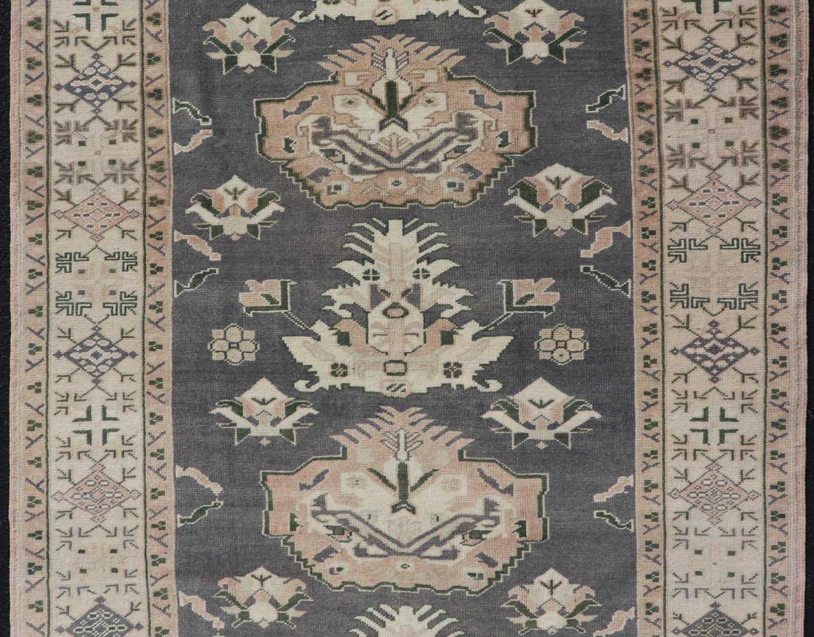 Turkish Oushak Rug Vintage with Three Floral Medallion Design In Blue and Cream For Sale 3