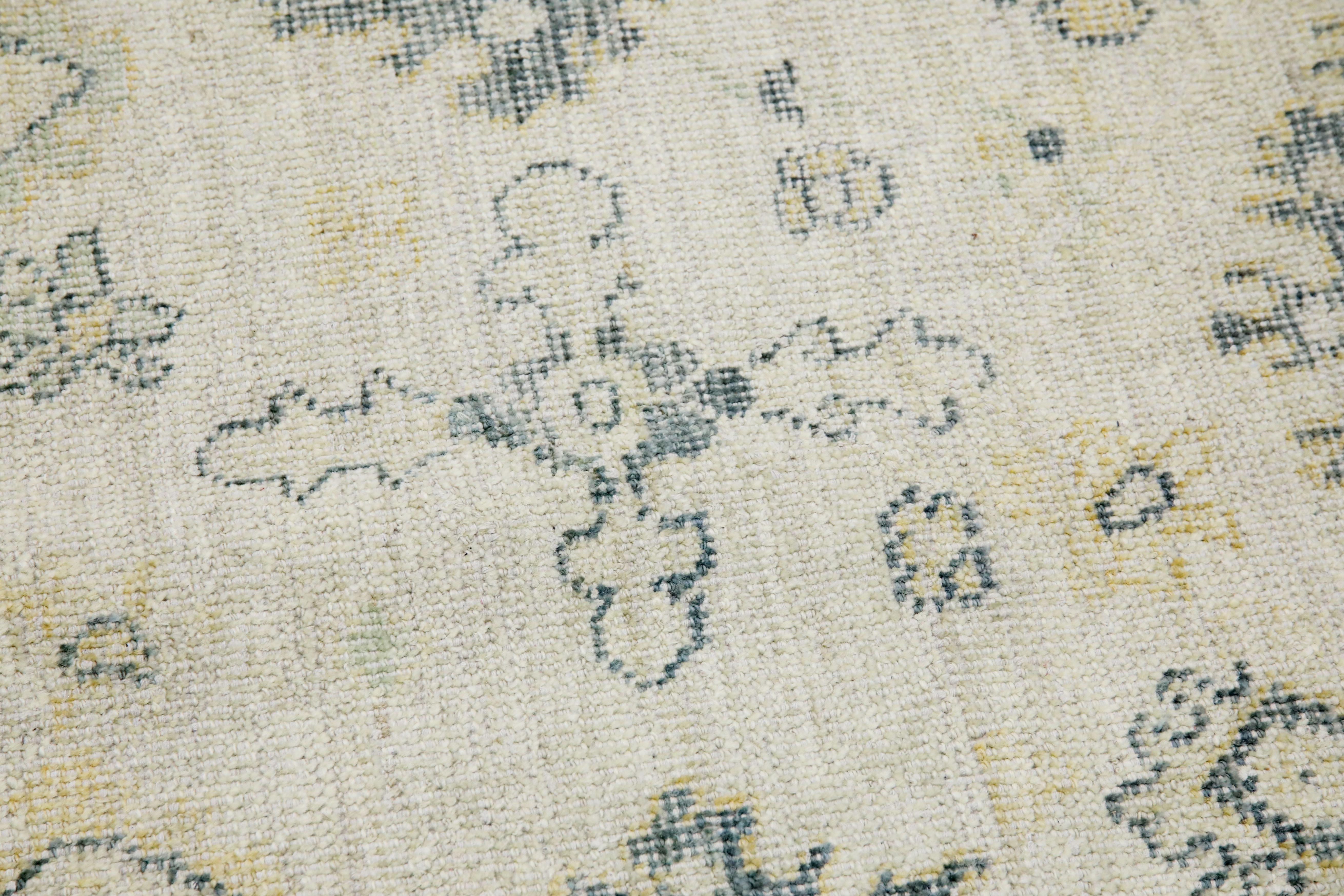 Turkish Oushak Rug White Green Floral Handwoven Wool Rug 7'9