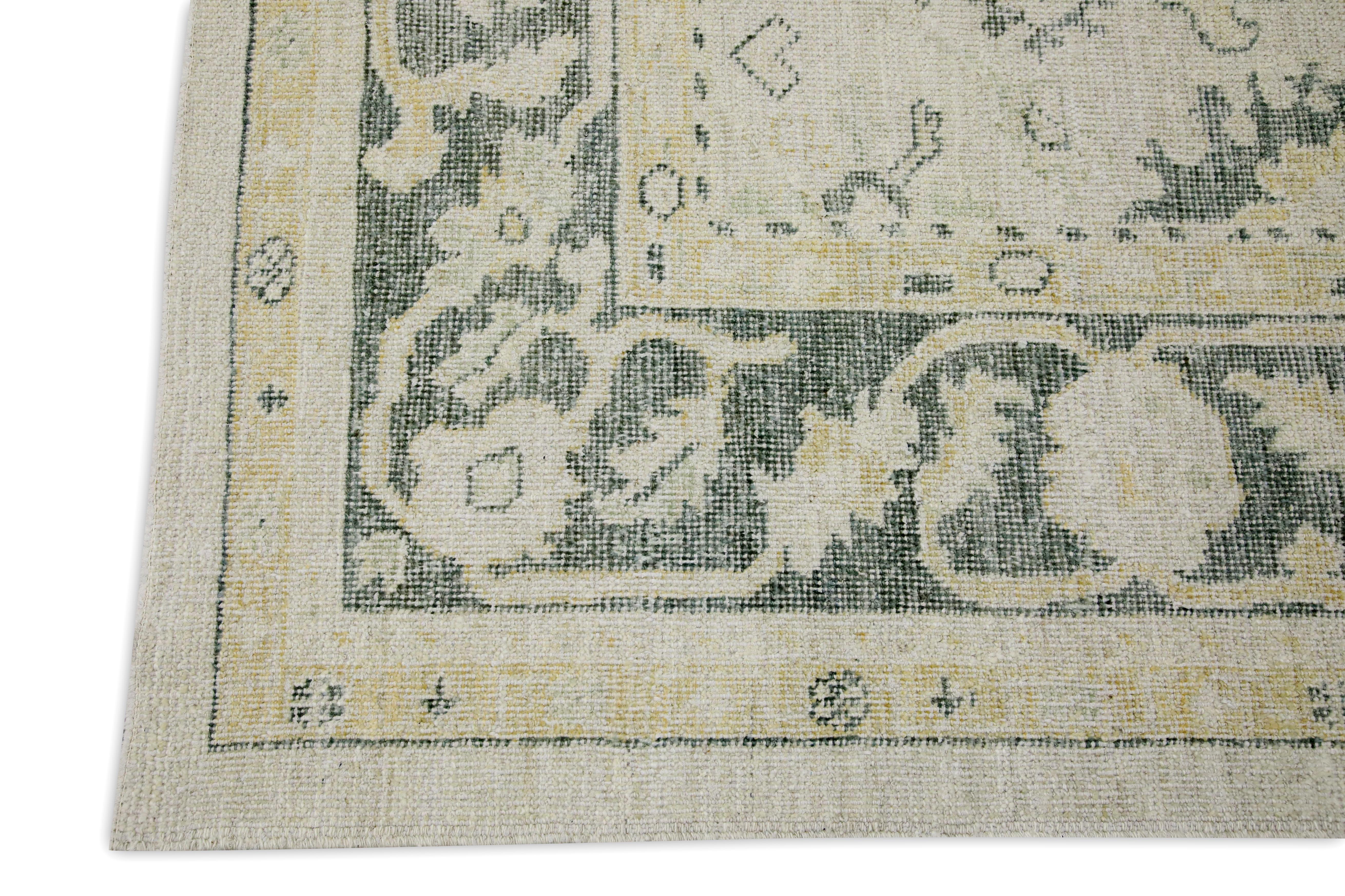 Hand-Woven Turkish Oushak Rug White Green Floral Handwoven Wool Rug 7'9