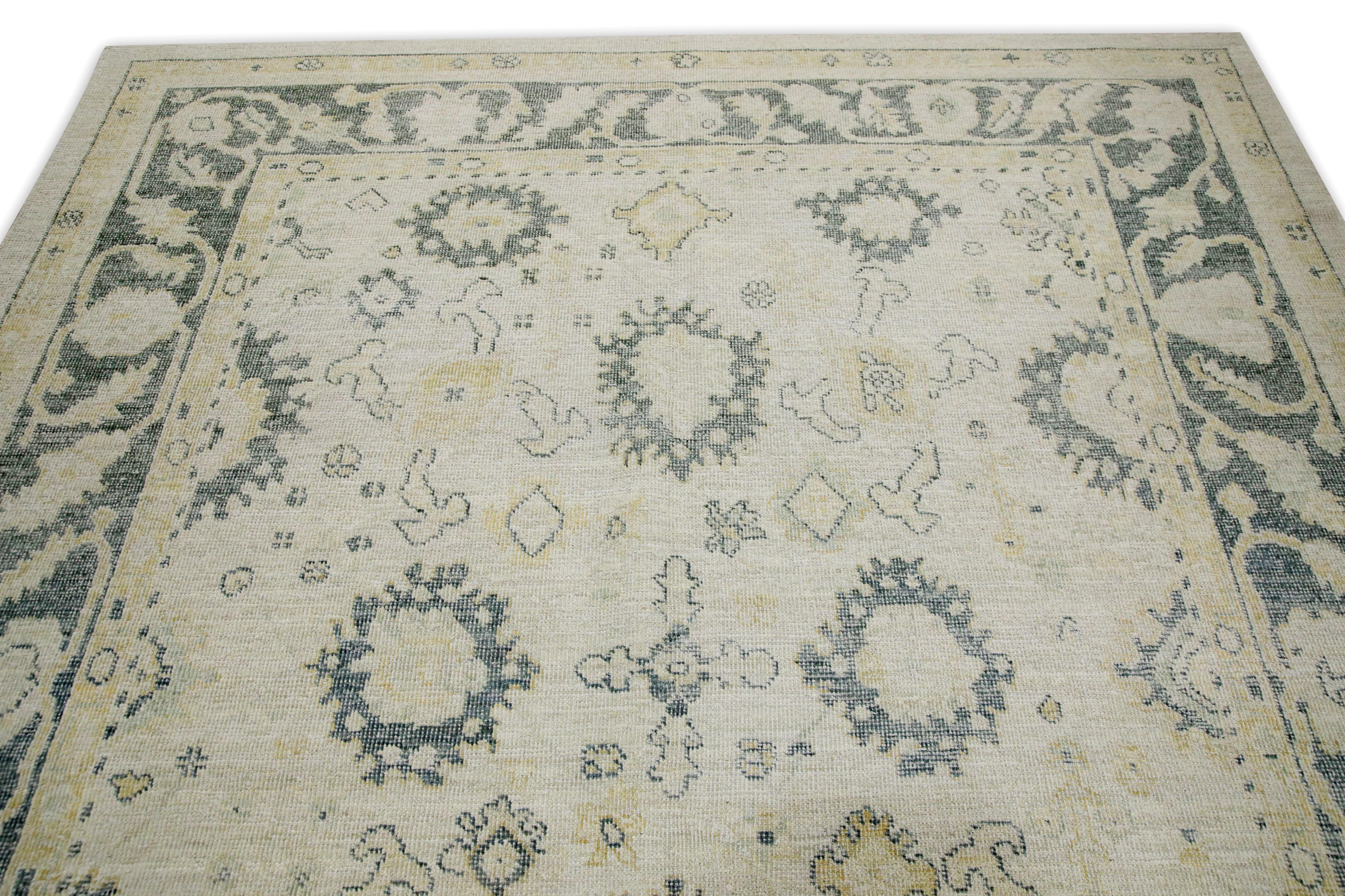 Turkish Oushak Rug White Green Floral Handwoven Wool Rug 7'9