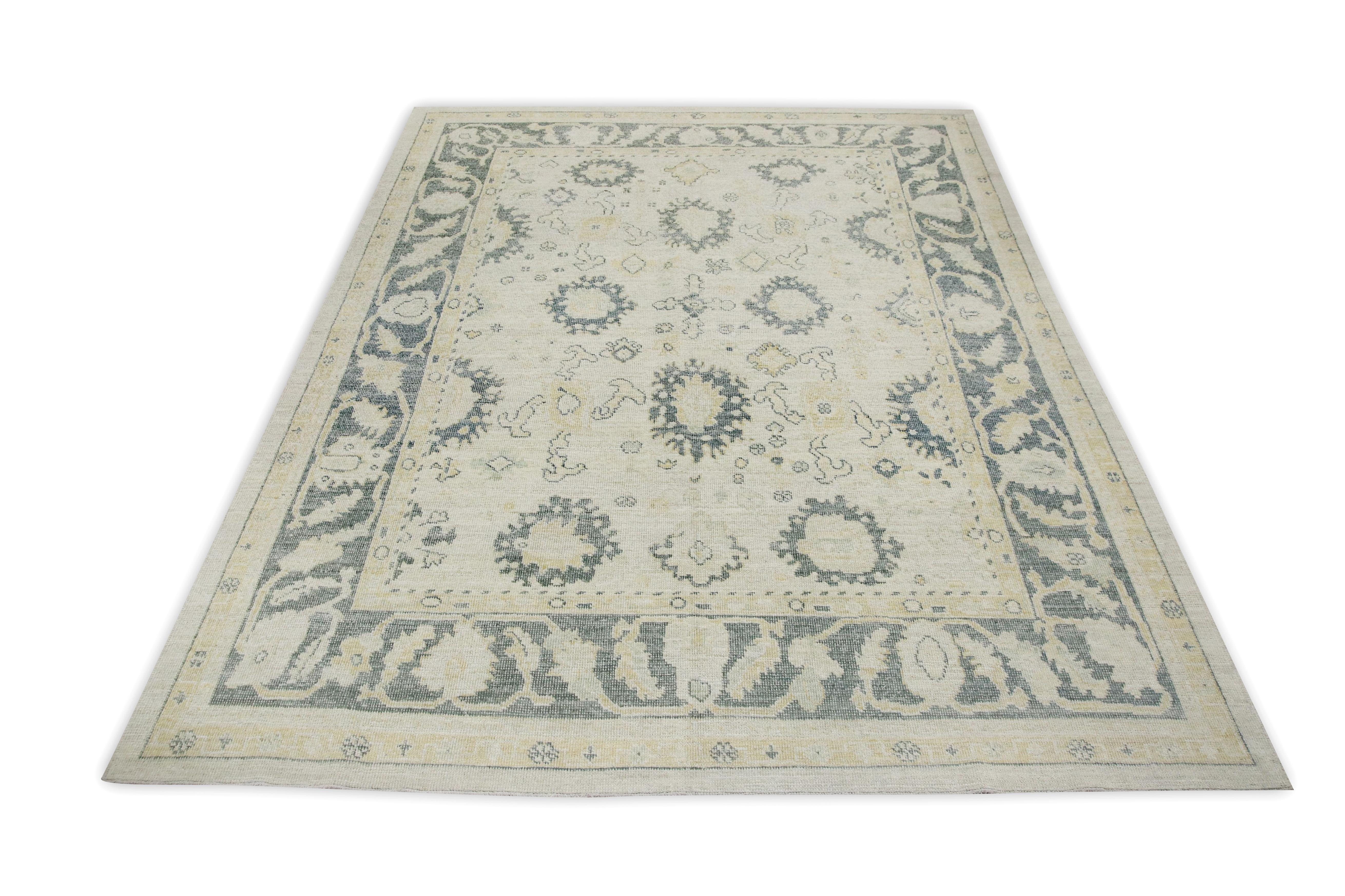 Turkish Oushak Rug White Green Floral Handwoven Wool Rug 7'9
