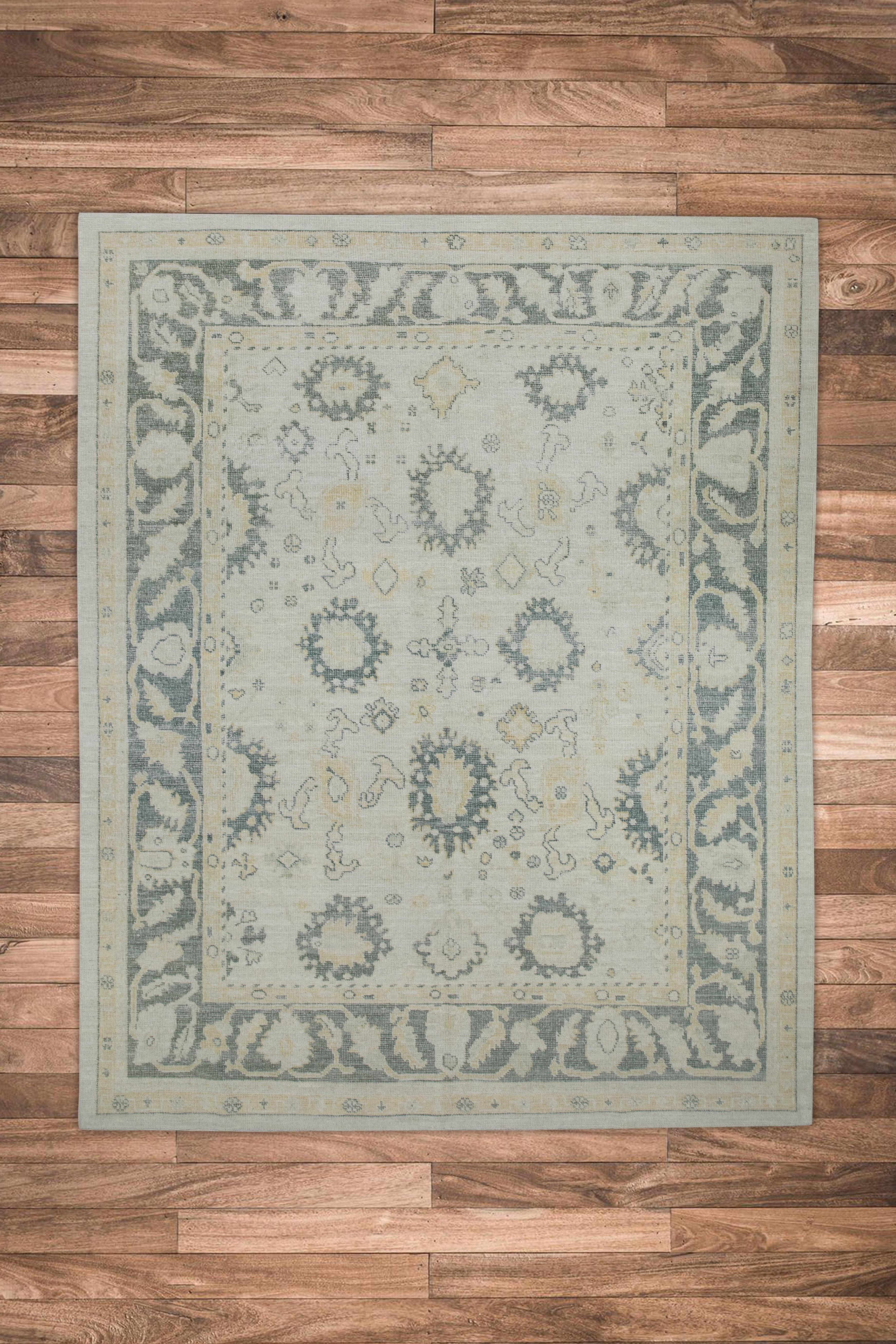 Turkish Oushak Rug White Green Floral Handwoven Wool Rug 7'9