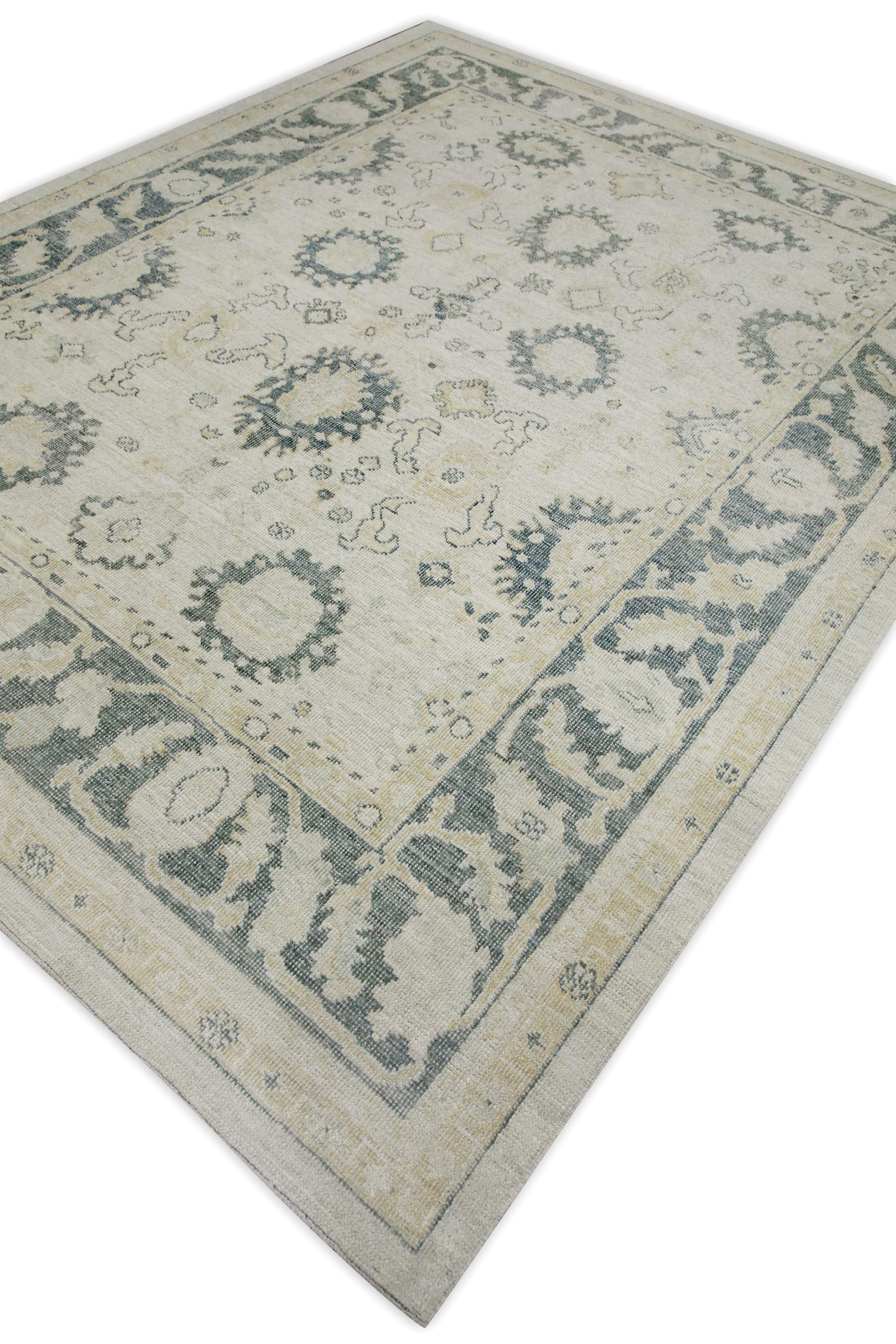 Turkish Oushak Rug White Green Floral Handwoven Wool Rug 7'9