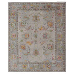 Turkish Oushak Rug with All-Over Floral Design in Bright Multicolor