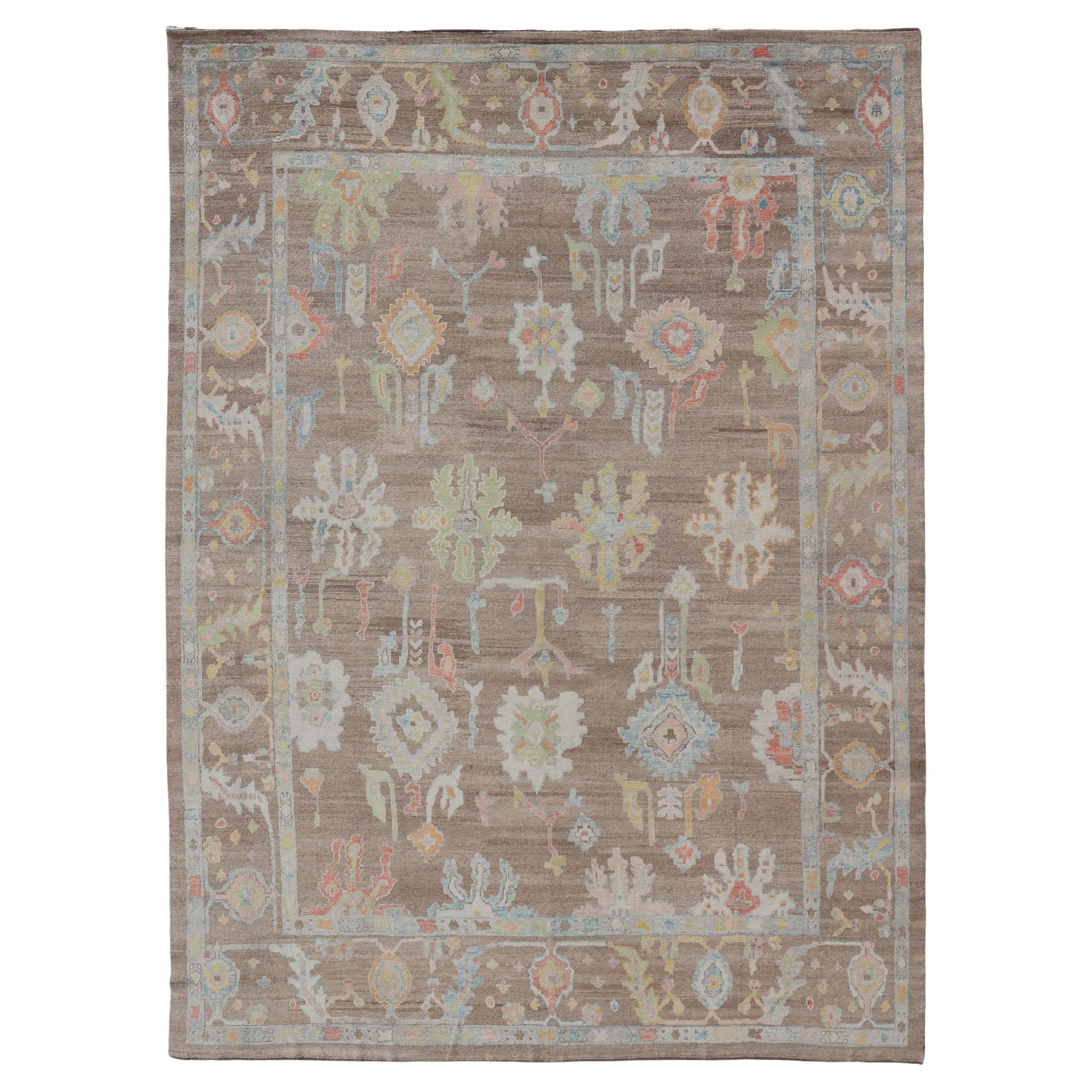 Turkish Oushak Rug with All-Over Floral Design On A Light Brown Field 