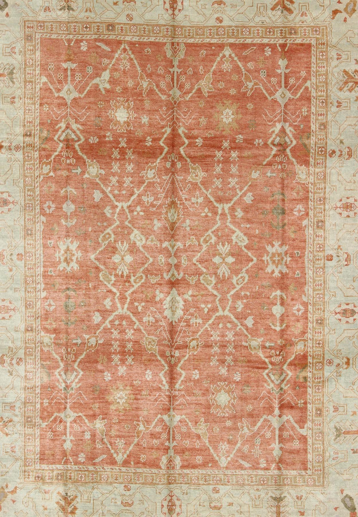 Hand-Knotted Turkish Oushak Rug with Angora Wool in Rust Orange, Green and Cream Tones For Sale