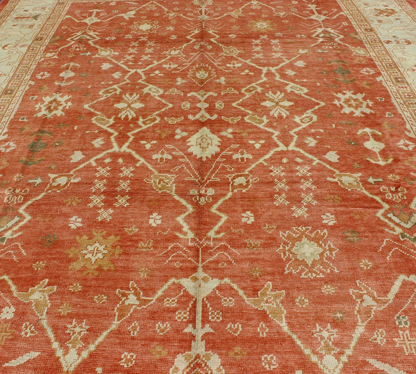 Contemporary Turkish Oushak Rug with Angora Wool in Rust Orange, Green and Cream Tones For Sale