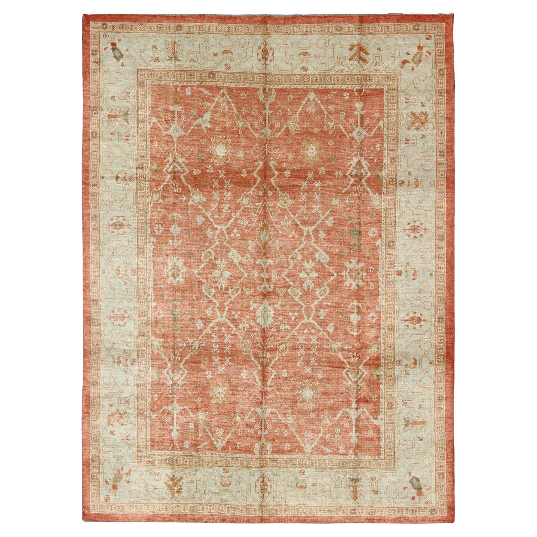 Turkish Oushak Rug with Angora Wool in Rust Orange, Green and Cream Tones For Sale
