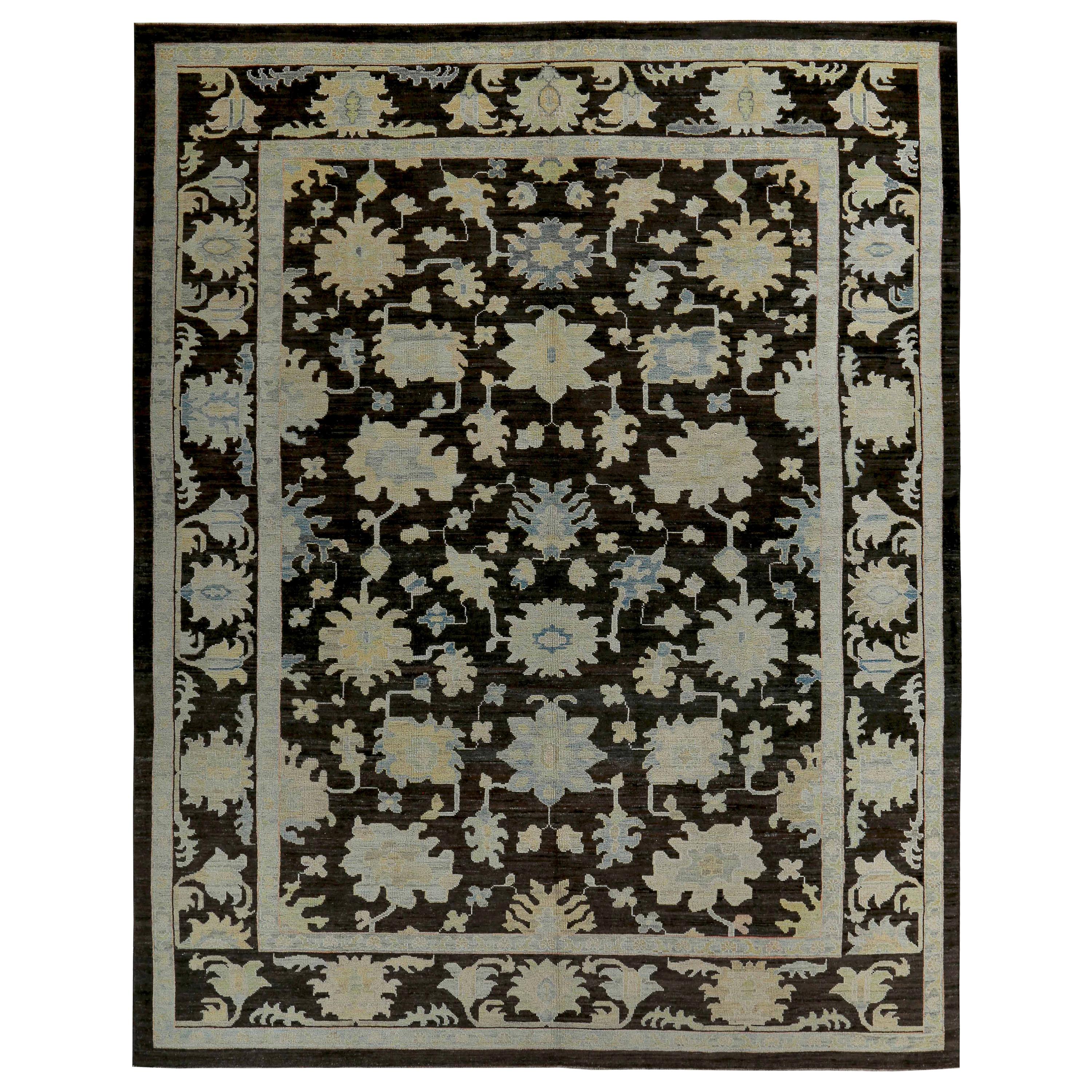 Turkish Oushak Rug with Blue and Beige Floral Details on Dark Brown Field