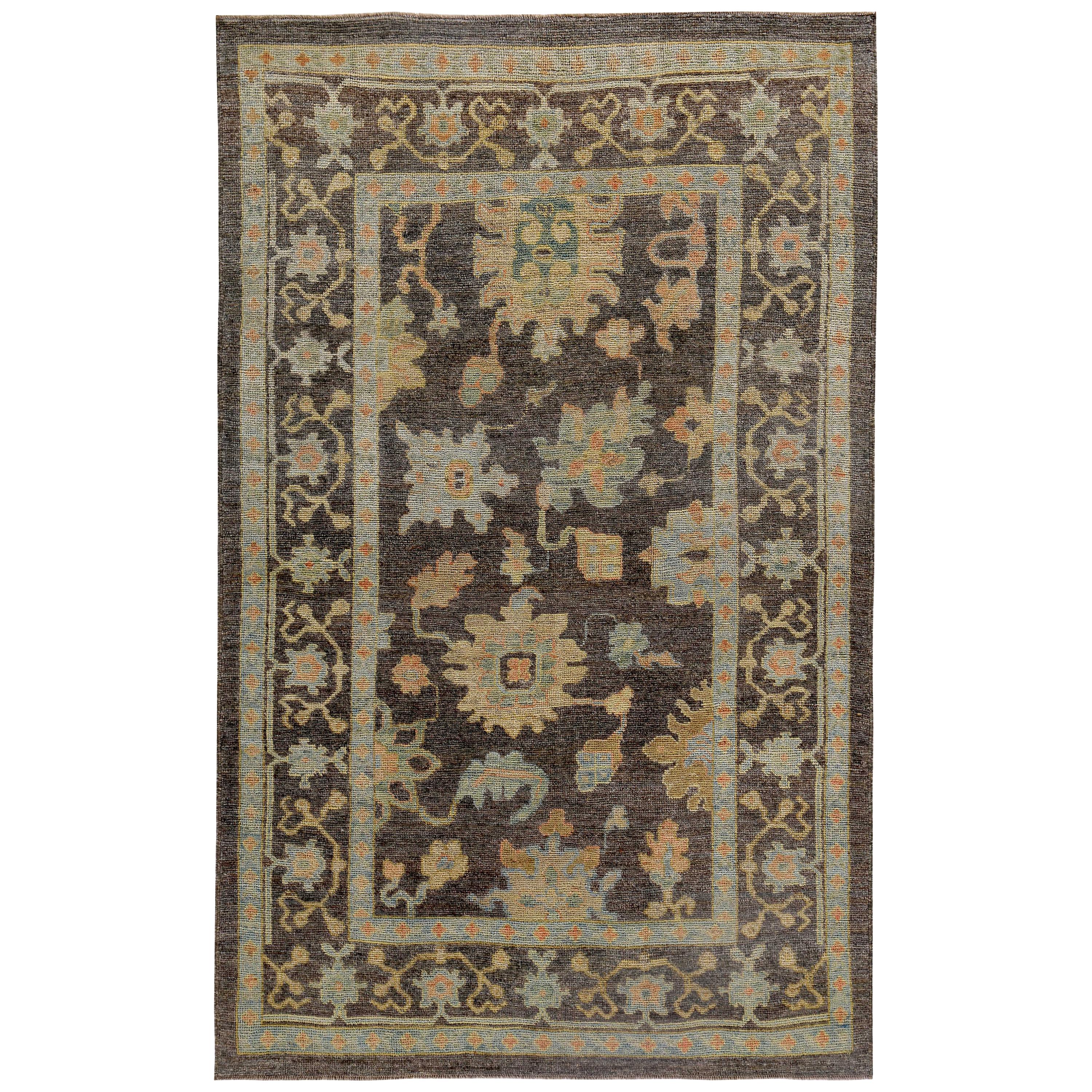 Turkish Oushak Rug with Blue and Beige Flower Patterns on Brown Field