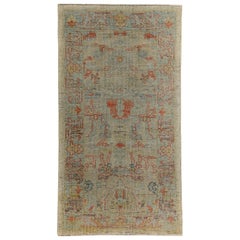 Turkish Oushak Rug with Blue and Rust Floral Details on Ivory Field